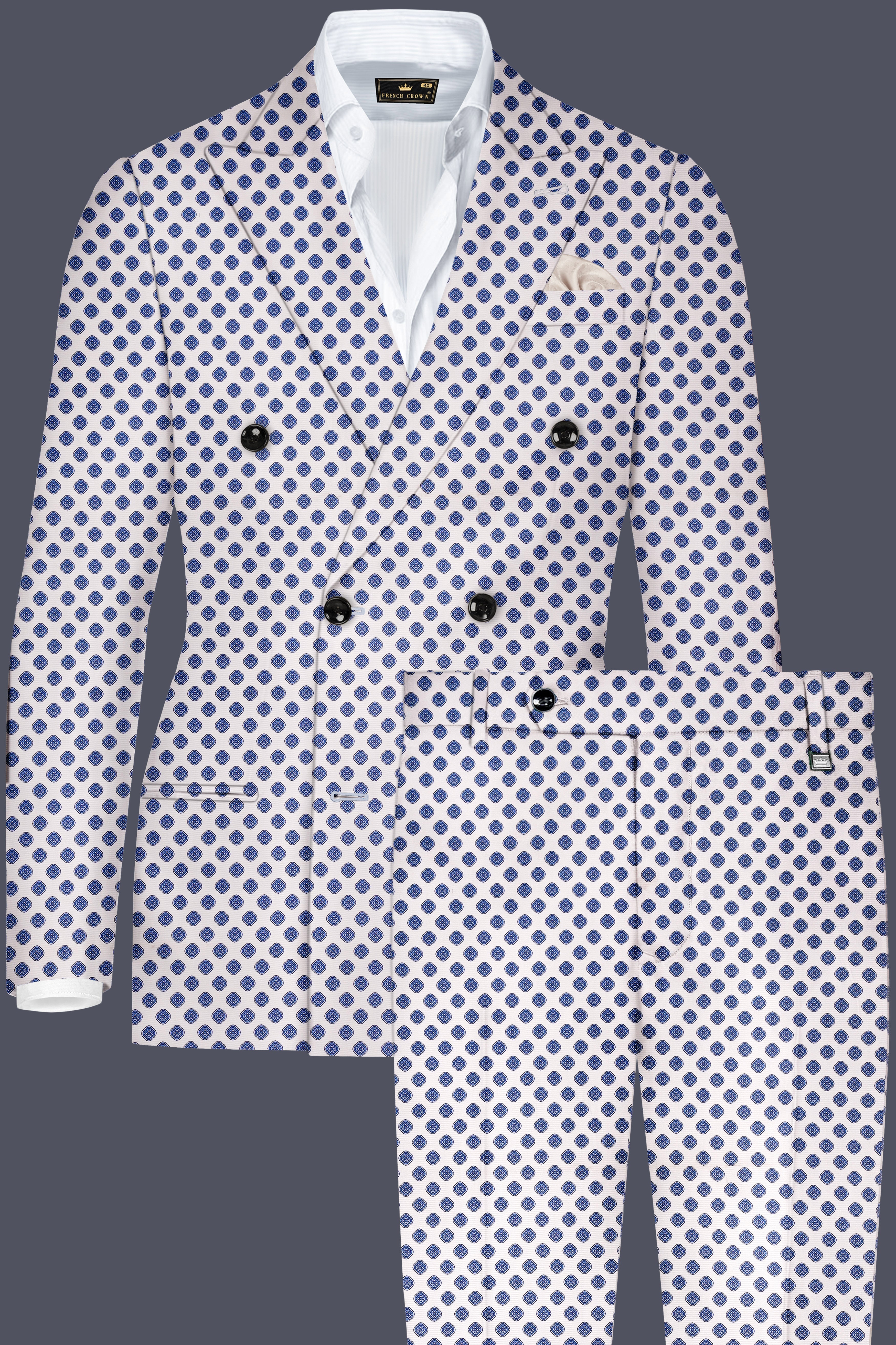 Ocean Echo-Bright White And Mariner Blue Retro Printed Cotton Double Breasted Suit