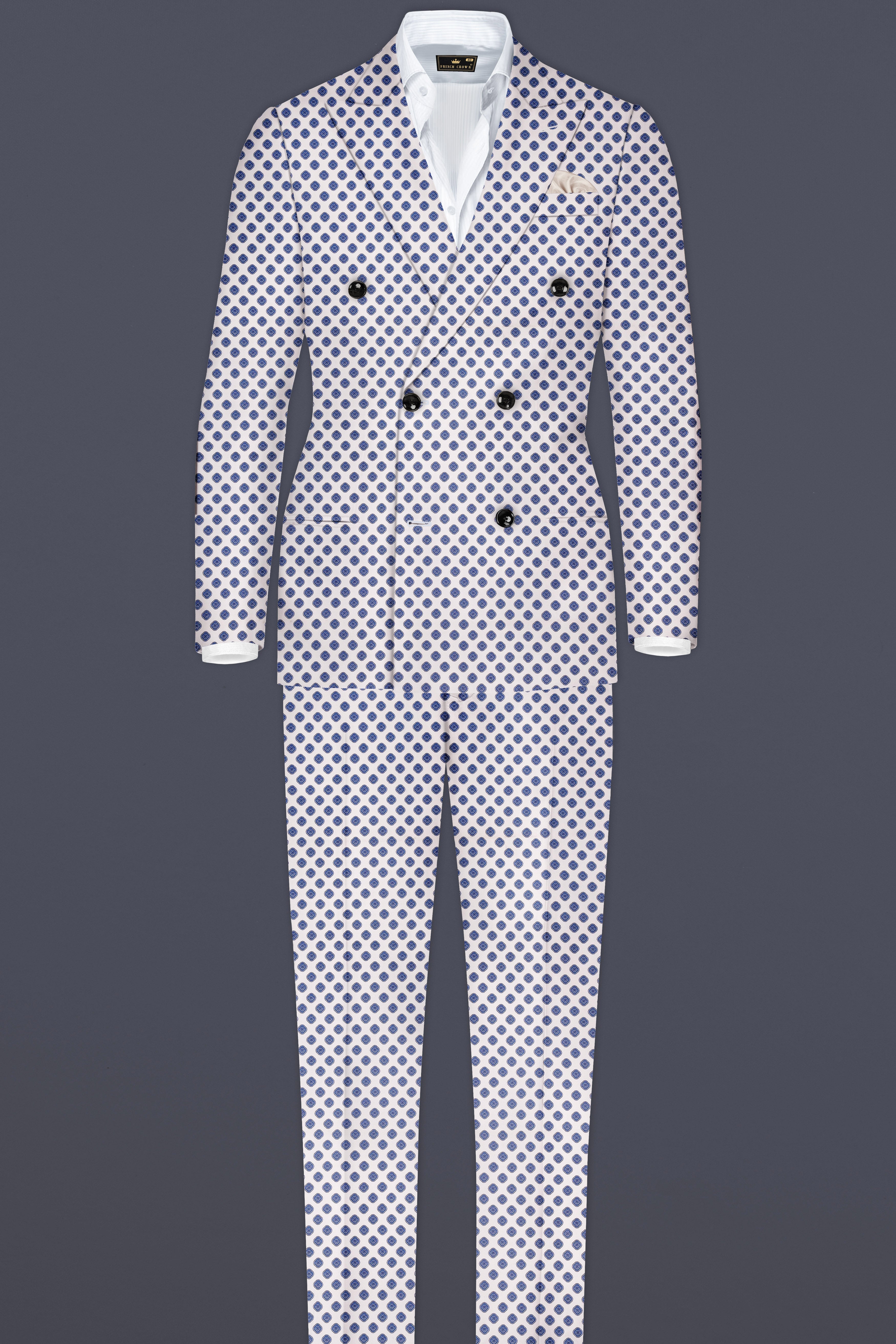 Ocean Echo-Bright White And Mariner Blue Retro Printed Cotton Double Breasted Suit