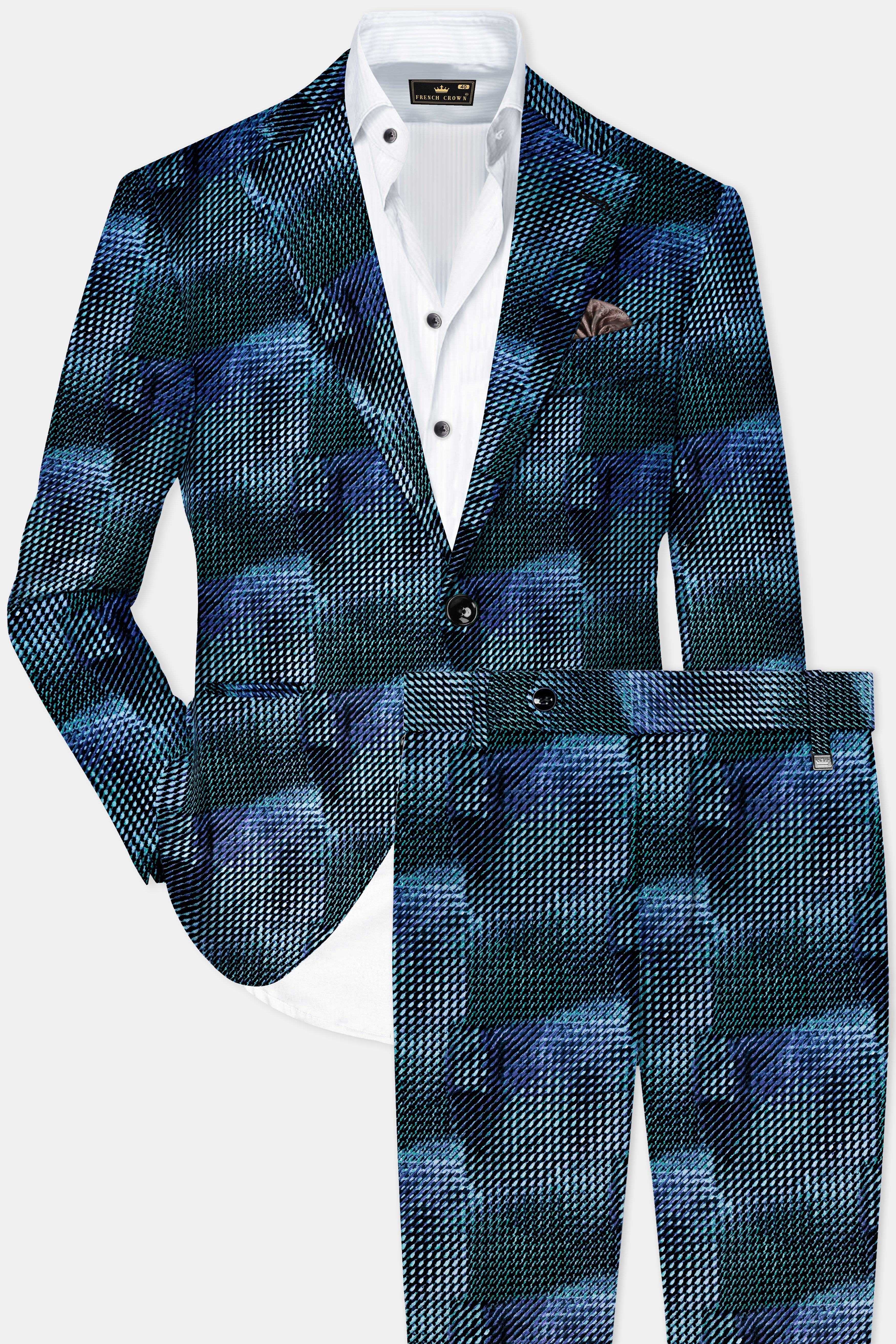 Tropical Tides-Biscay Blue And Firefly Green printed Cotton Single Breasted Suit