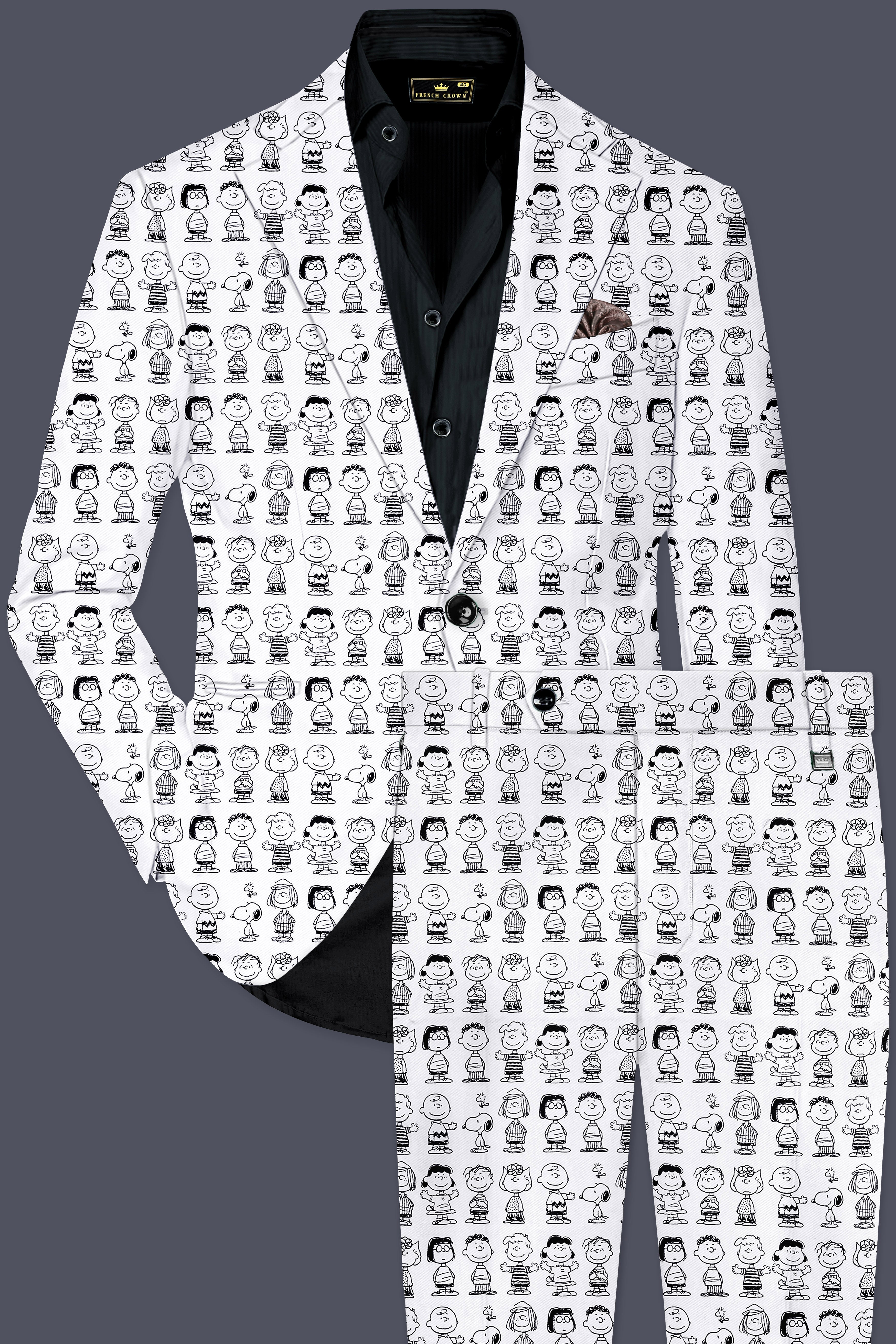 Doodle Luxe-Bright White Cartoon Clipart Printed Cotton Single Breasted Suit