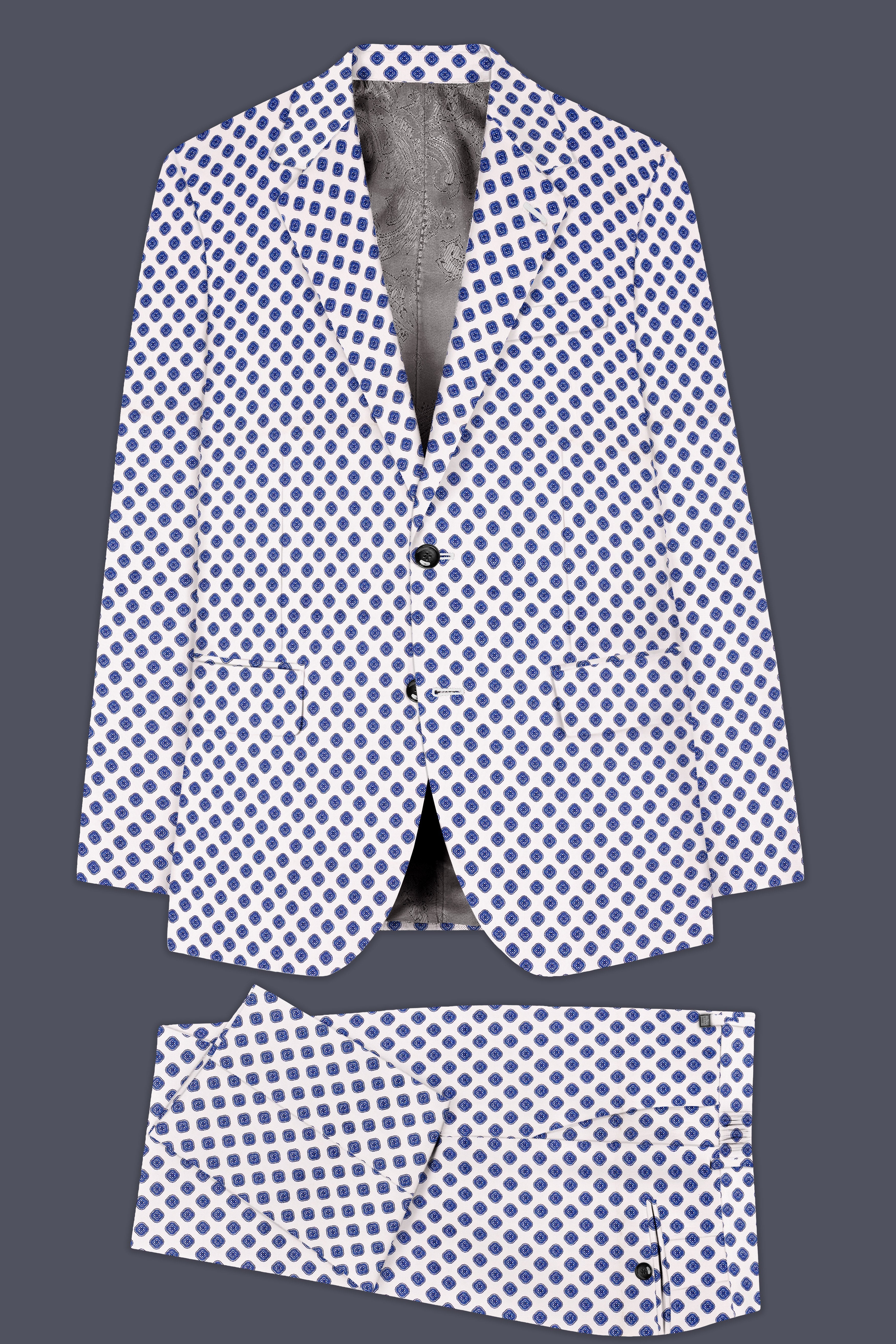 Ocean Echo-Bright White And Mariner Blue Retro Printed Cotton Single Breasted Suit