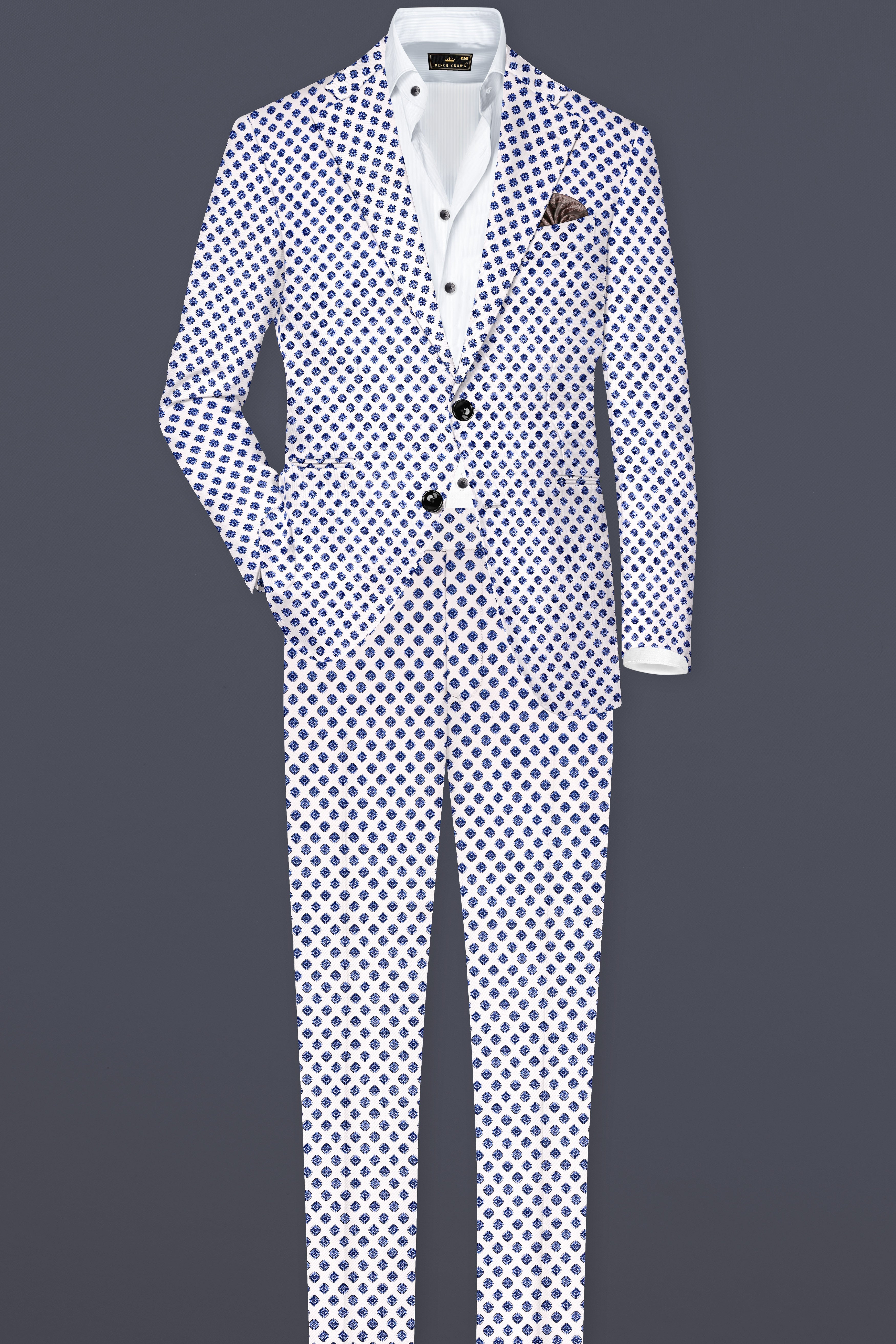 Ocean Echo-Bright White And Mariner Blue Retro Printed Cotton Single Breasted Suit