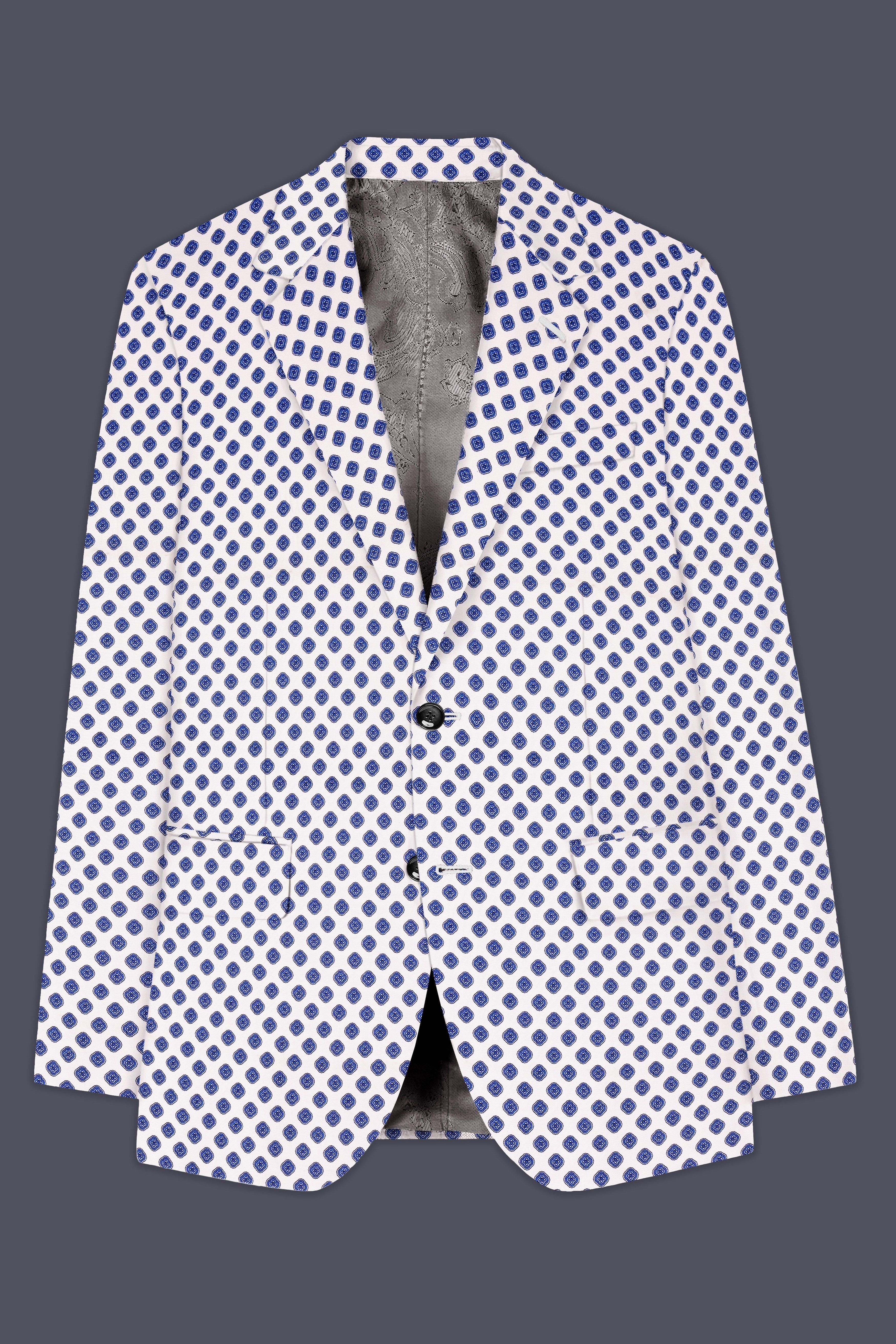 Ocean Echo-Bright White And Mariner Blue Retro Printed Cotton Single Breasted Suit