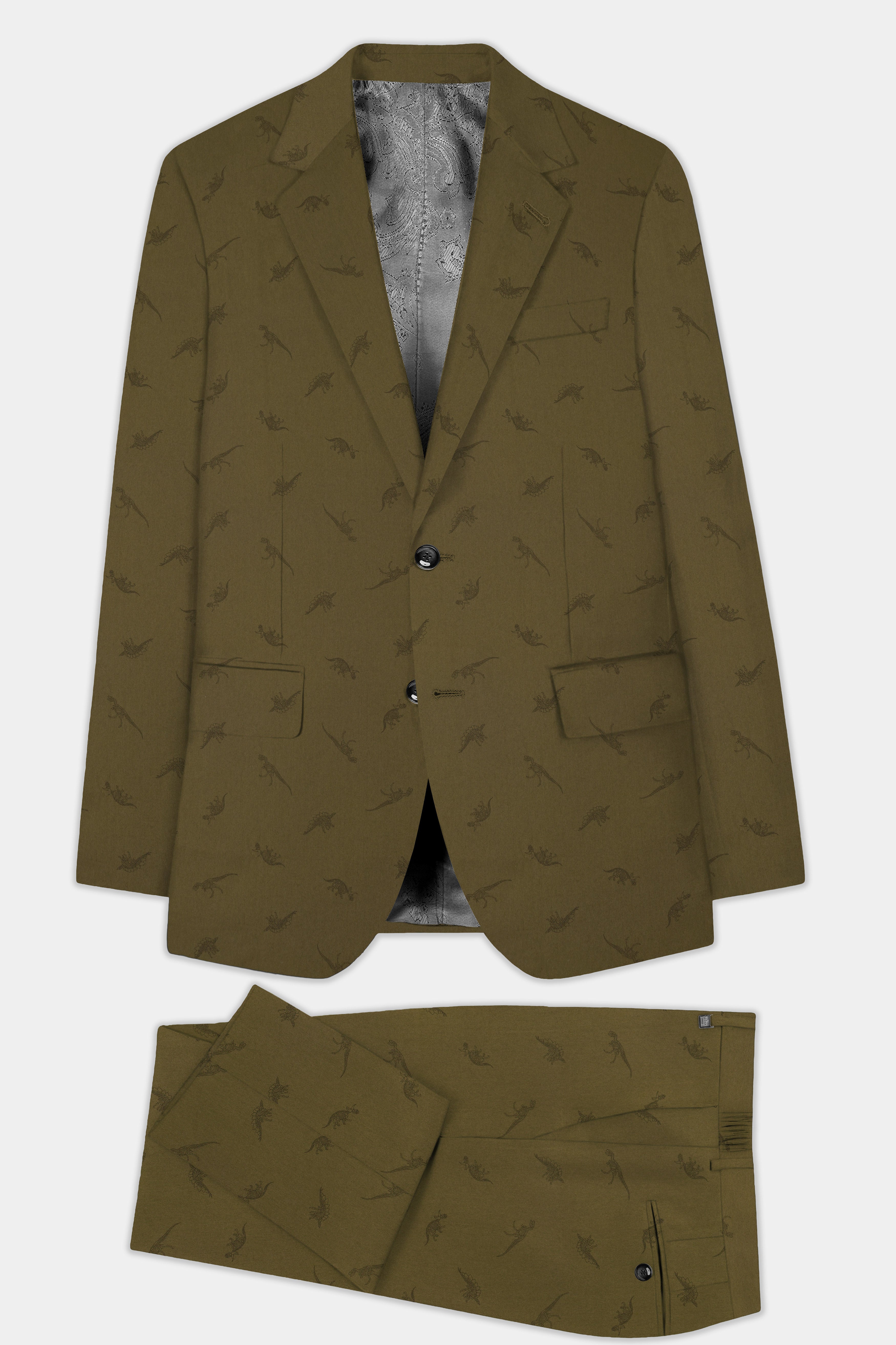 Prehistoric-Hemlock Green Dinosaur Printed Cotton Single Breasted Suit