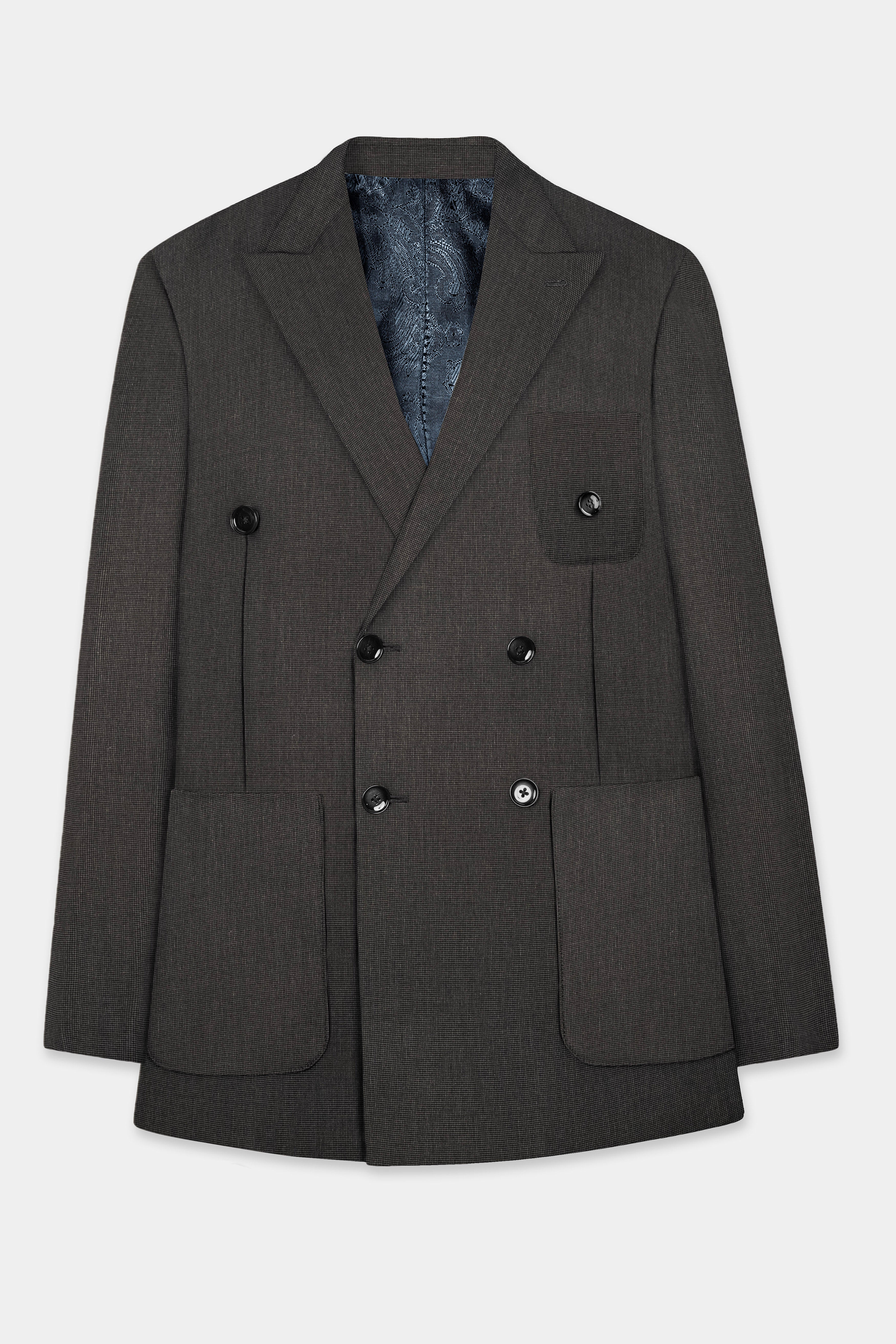 Granite Grid-Piano Gray houndstooth Textured Wool Rich Double Breasted Sports Suit