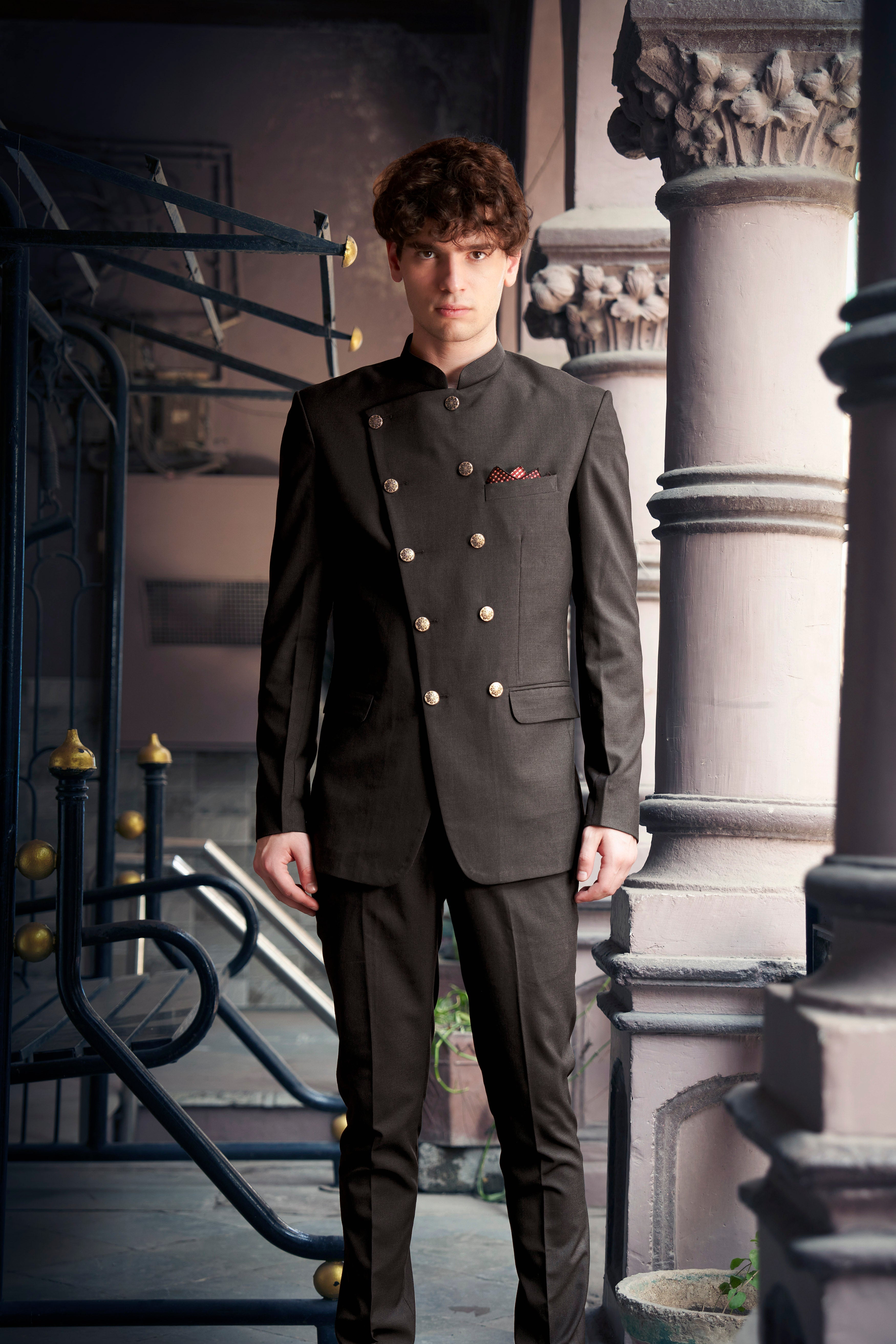 Granite Grid-Piano Gray houndstooth Textured Wool Rich Cross Placket Bandhgala Suit
