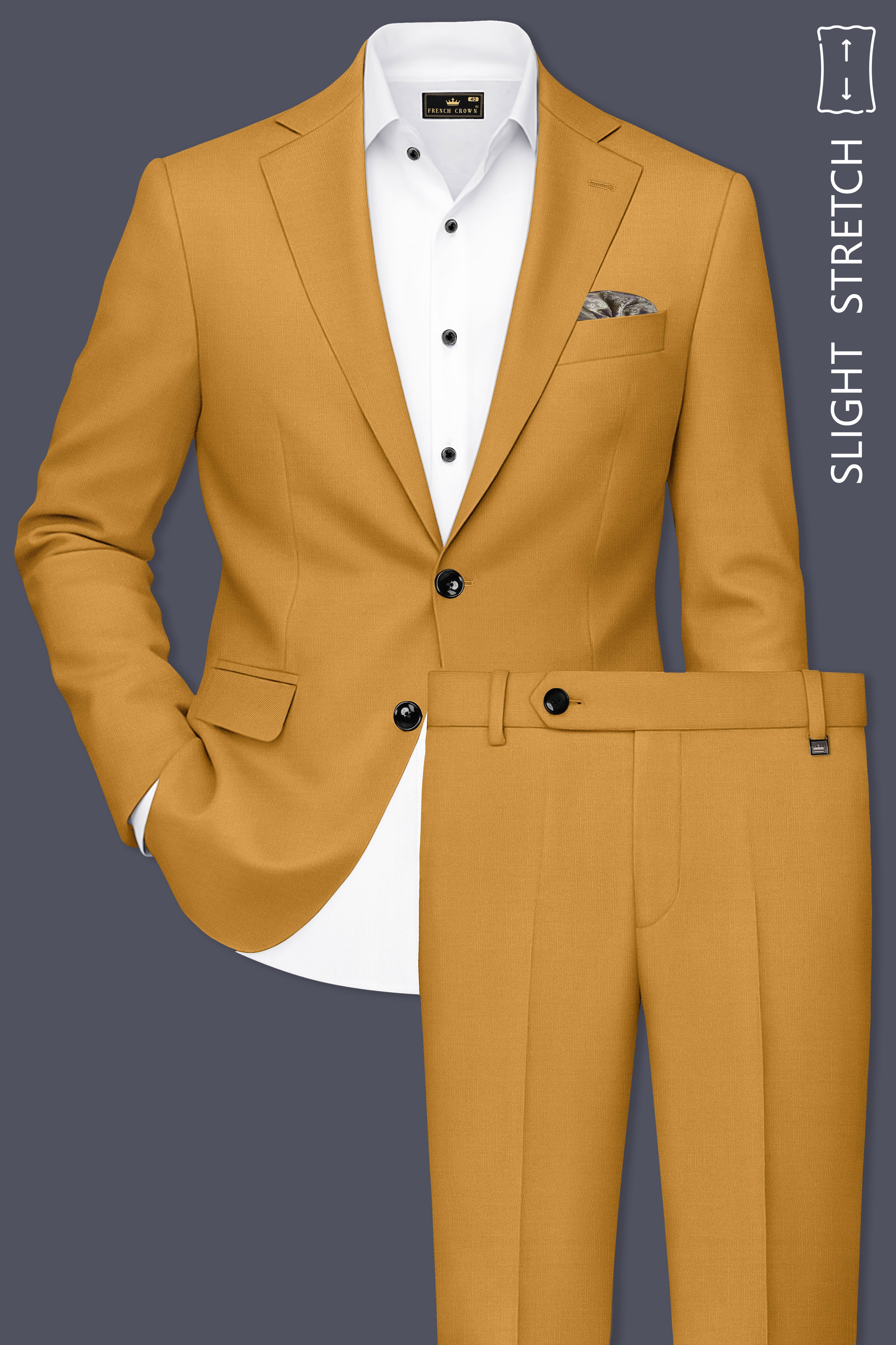Saffron-Harvest Yellow Solid Wool Rich Single Breasted Slight Stretch Suit