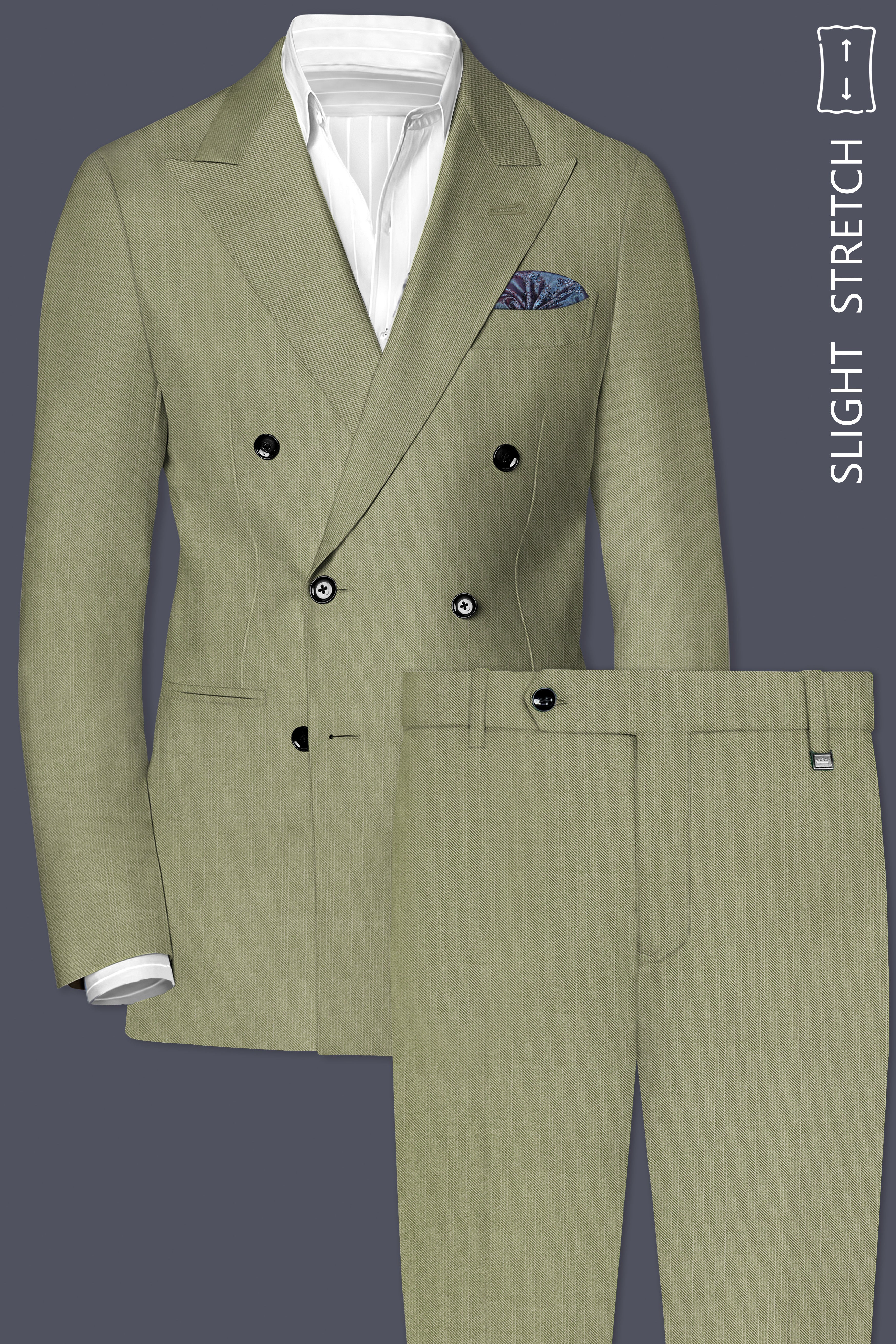 Citron-Lemon Grass Green Solid Wool Rich Double Breasted Slight Stretch Suit