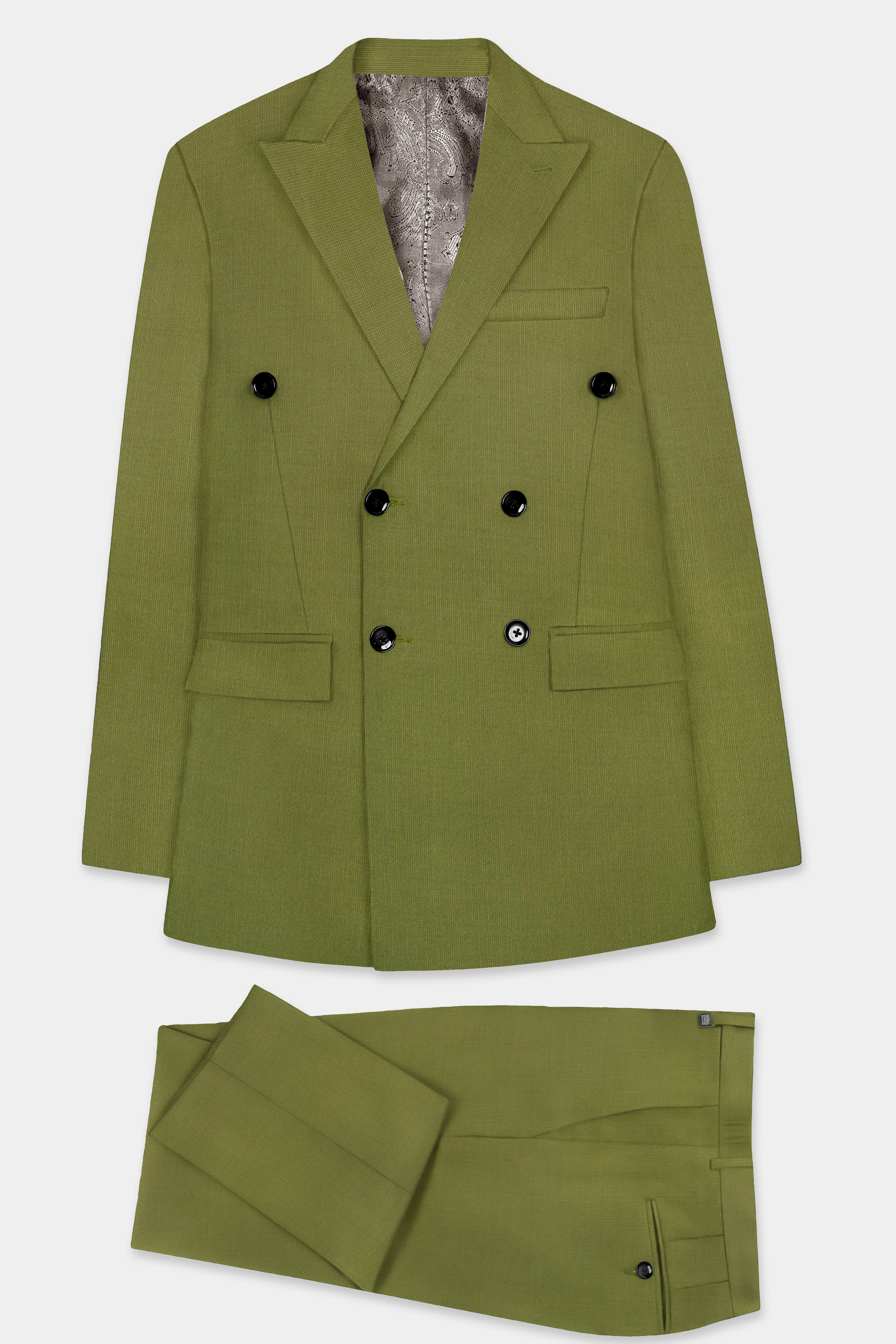 Glade-Muddy Green Solid Wool Rich Double Breasted Slight Stretch Suit