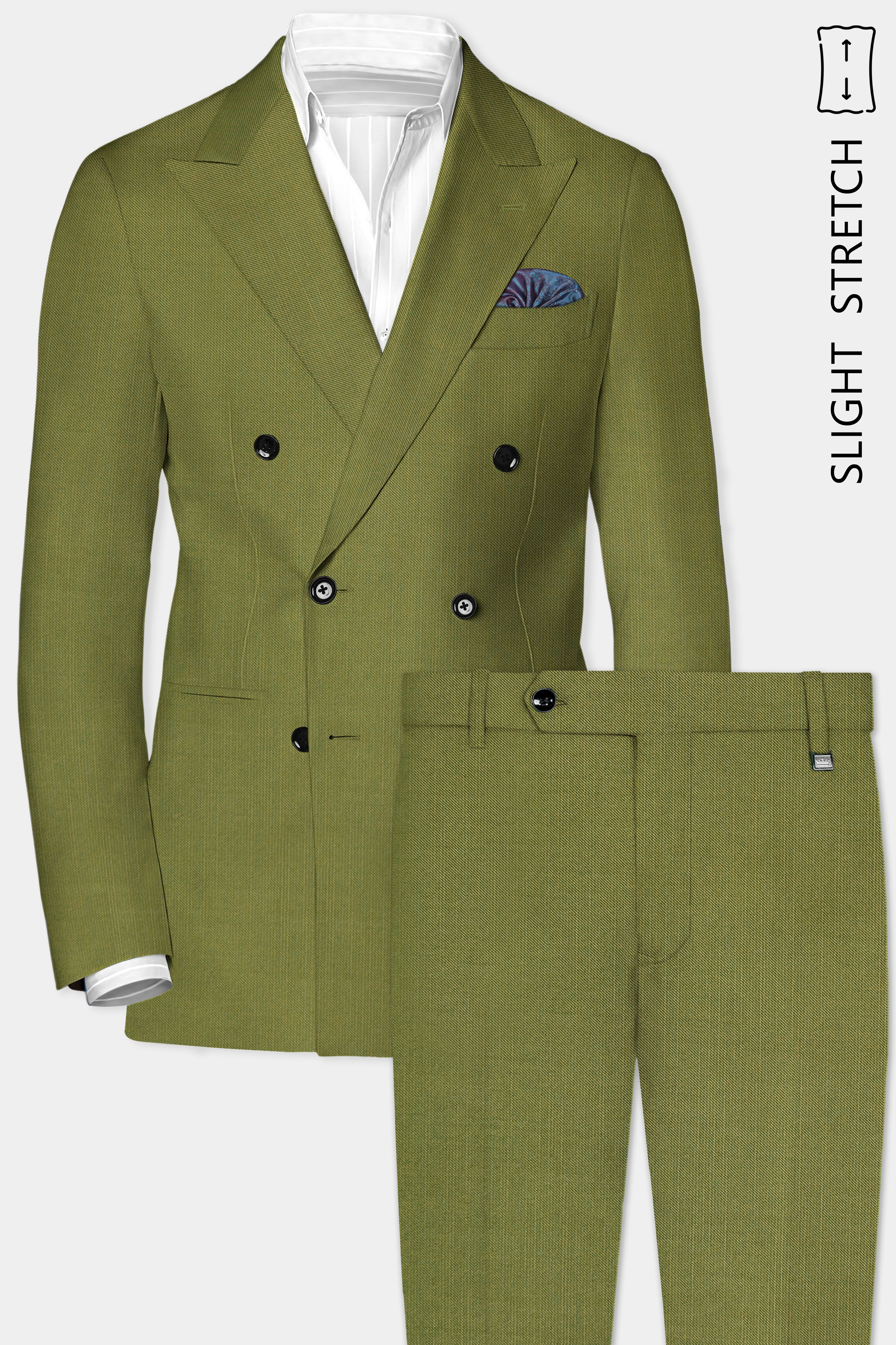 Glade-Muddy Green Solid Wool Rich Double Breasted Slight Stretch Suit