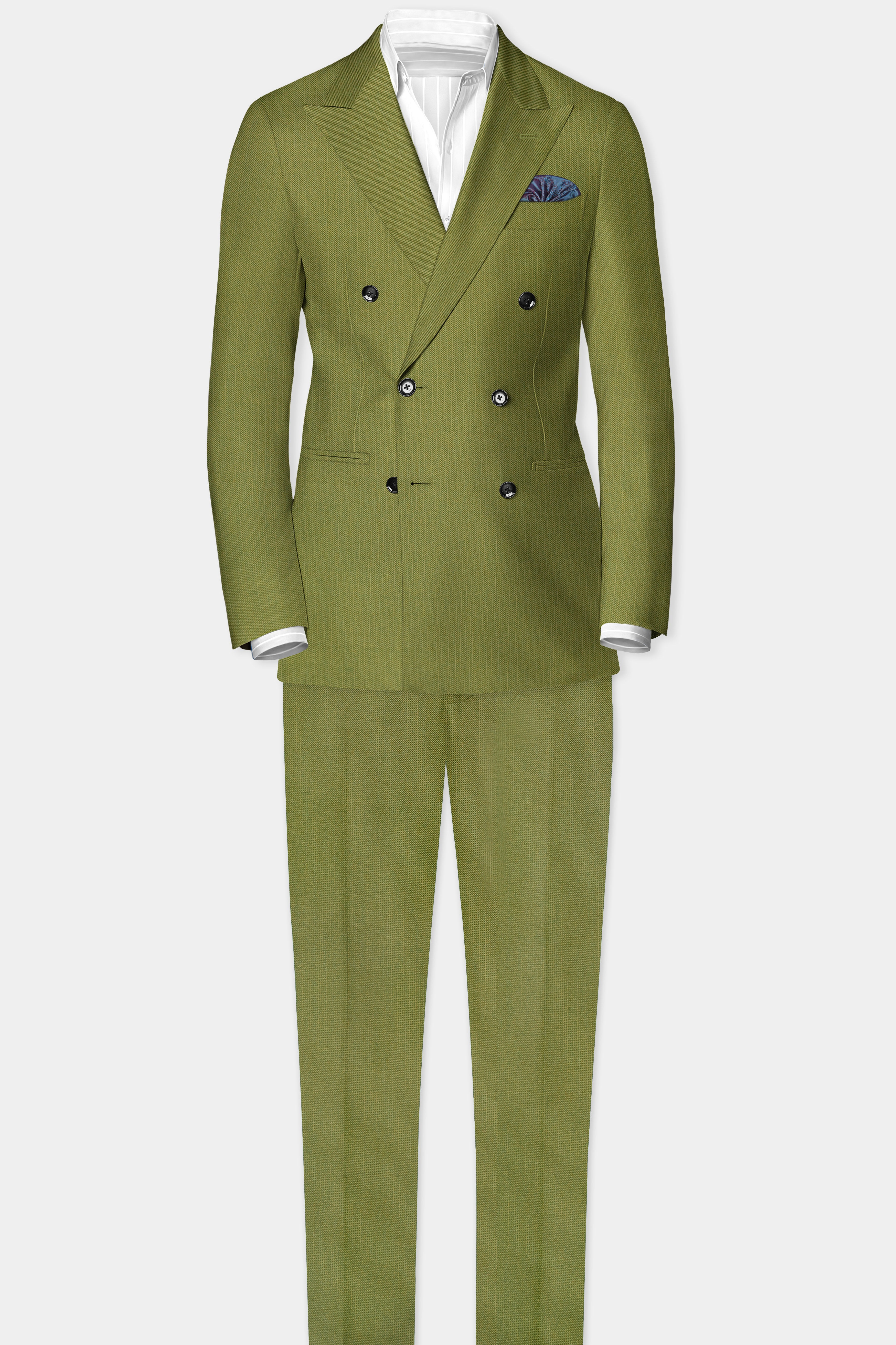 Glade-Muddy Green Solid Wool Rich Double Breasted Slight Stretch Suit