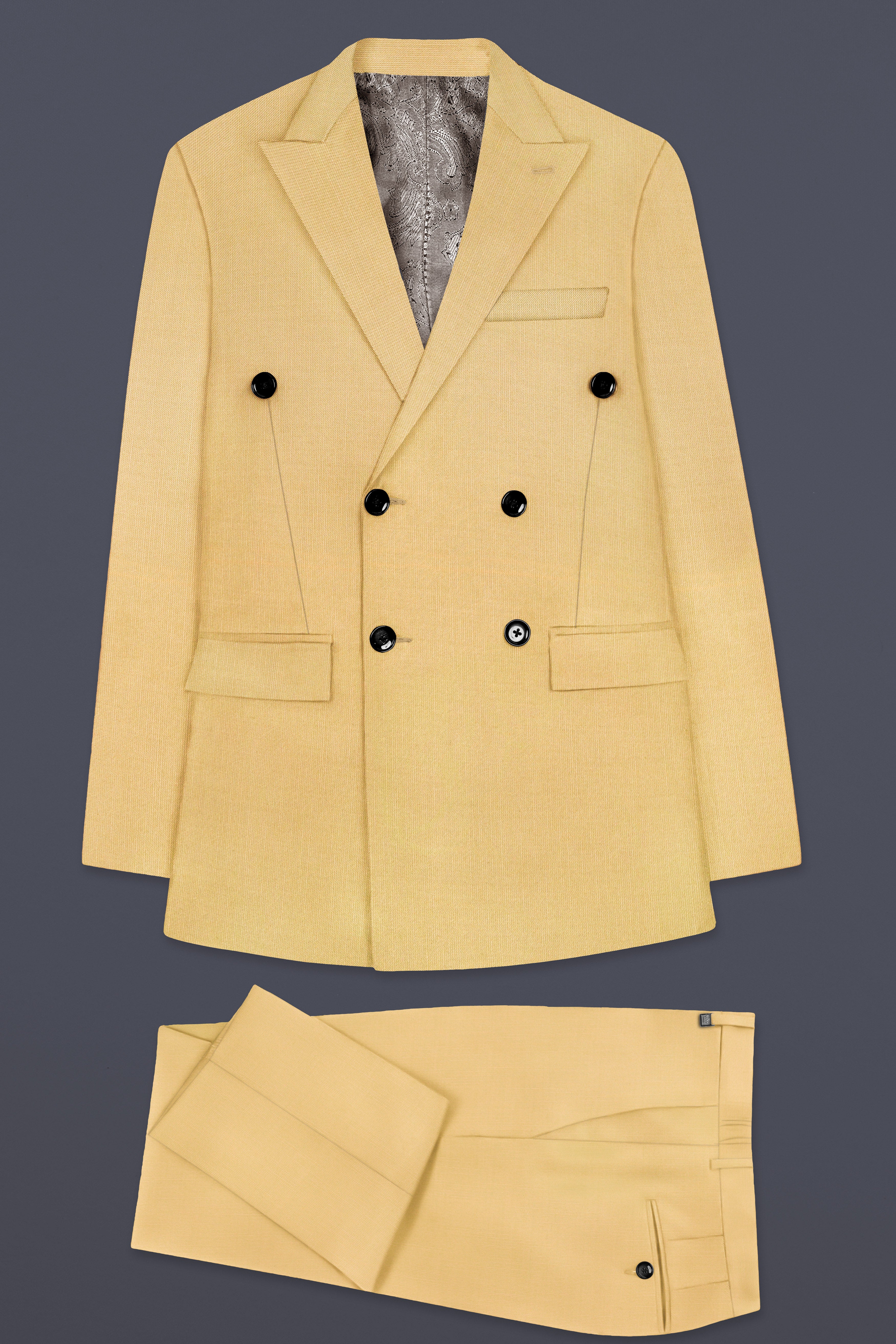 Saffron-Harvest Yellow Solid Wool Rich Double Breasted Slight Stretch Suit