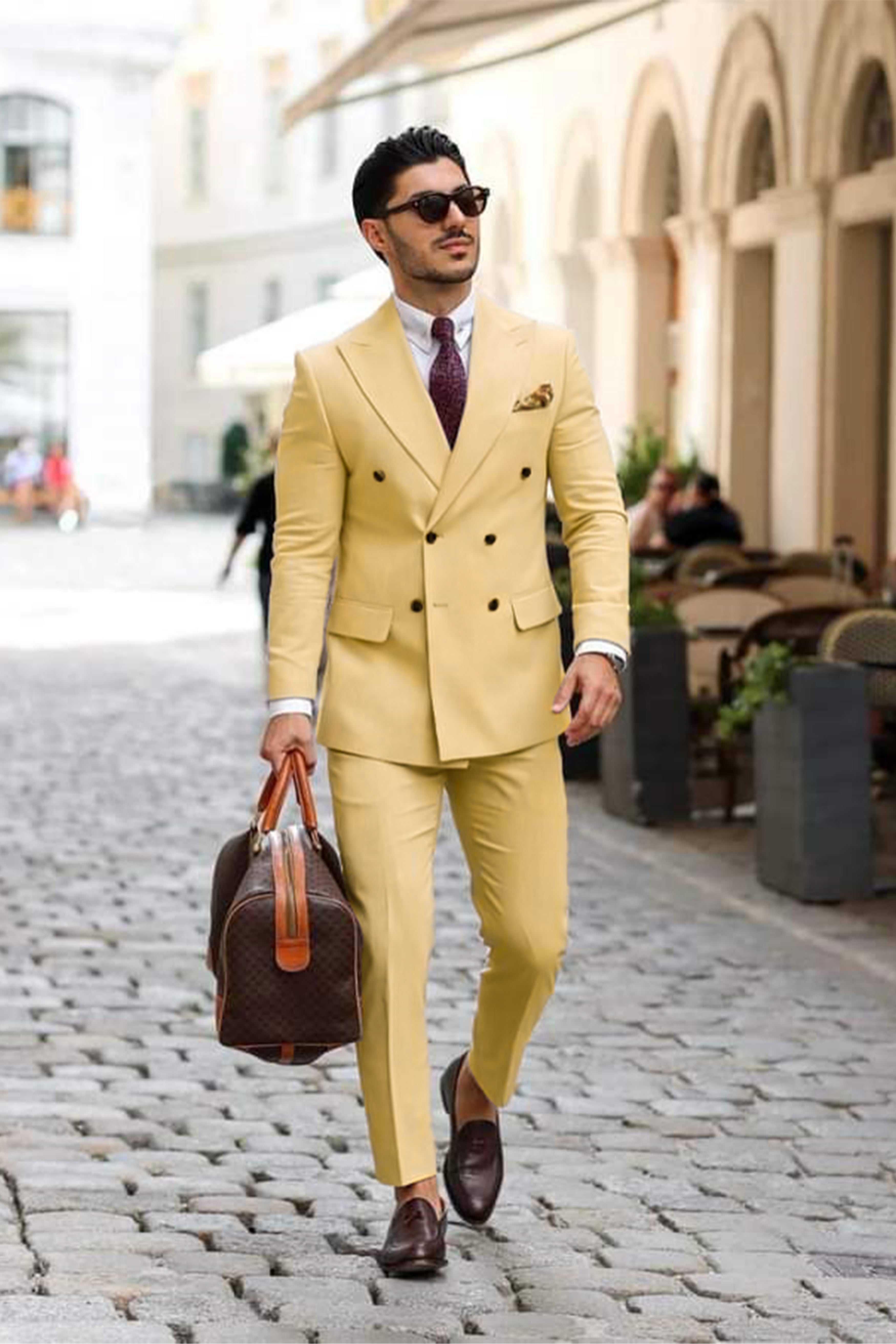 Saffron-Harvest Yellow Solid Wool Rich Double Breasted Slight Stretch Suit
