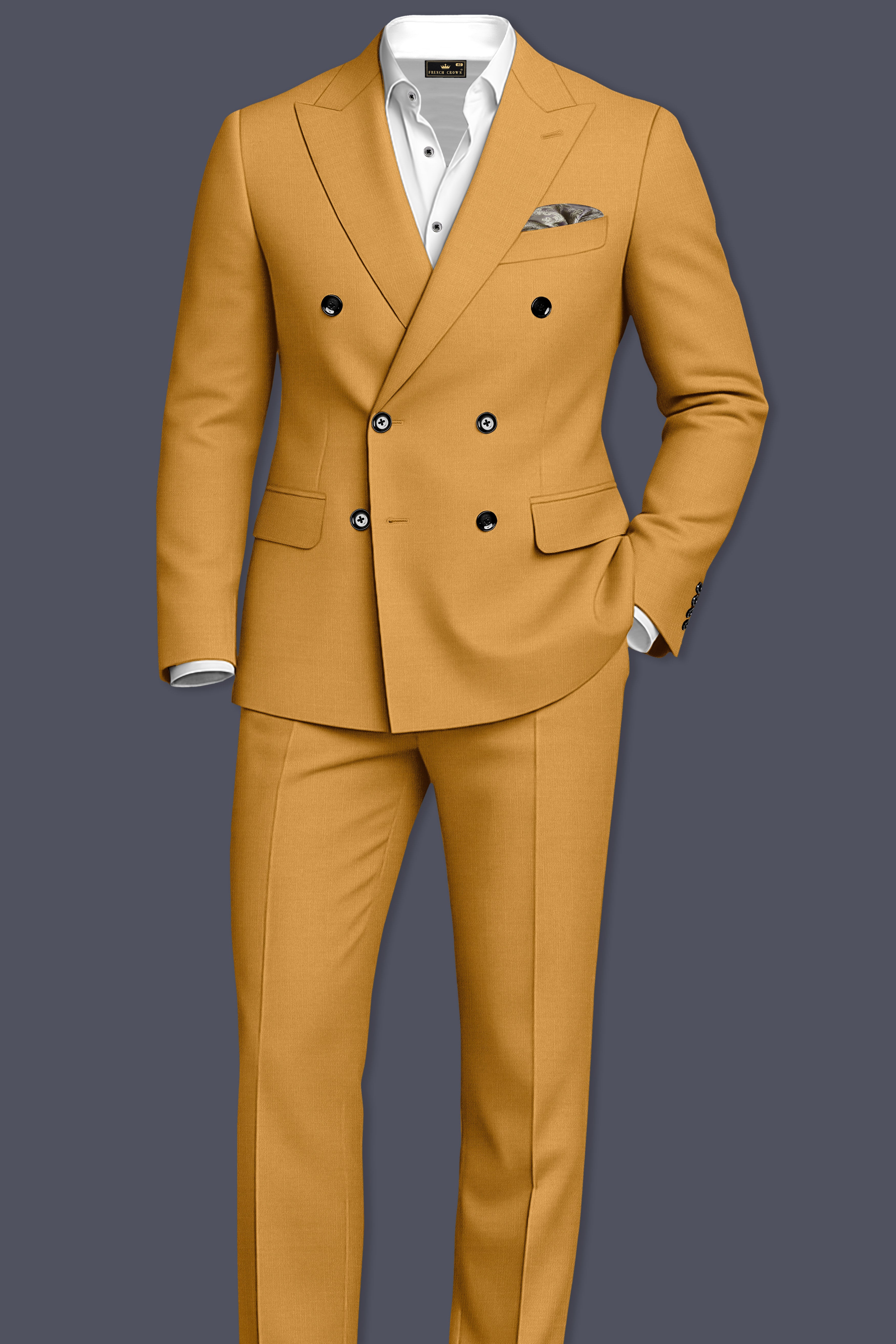 Saffron-Harvest Yellow Solid Wool Rich Double Breasted Slight Stretch Suit