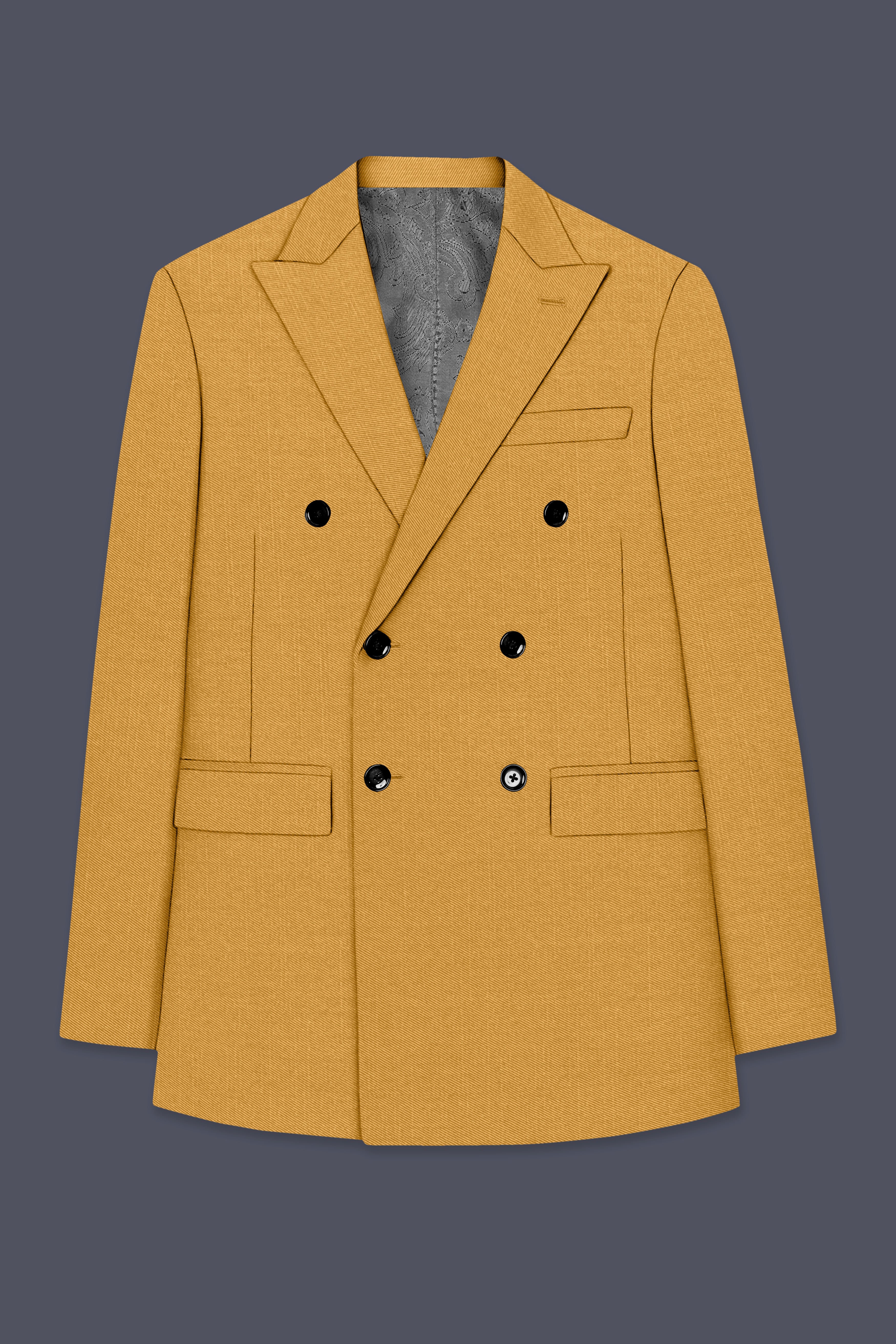Saffron-Harvest Yellow Solid Wool Rich Double Breasted Slight Stretch Suit