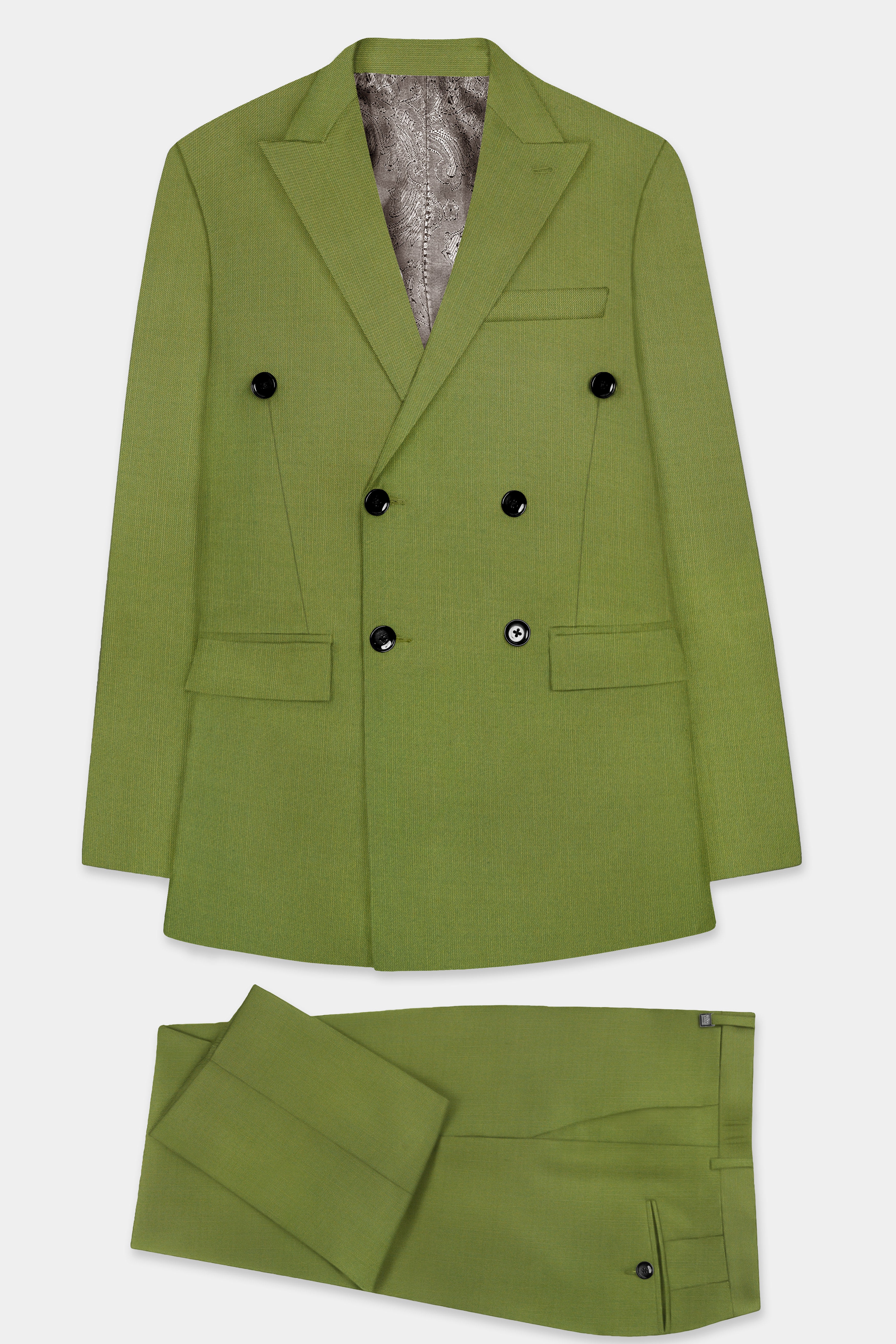 Pistachio-Wasabi Green Solid Wool Rich Double Breasted Slight Stretch Suit