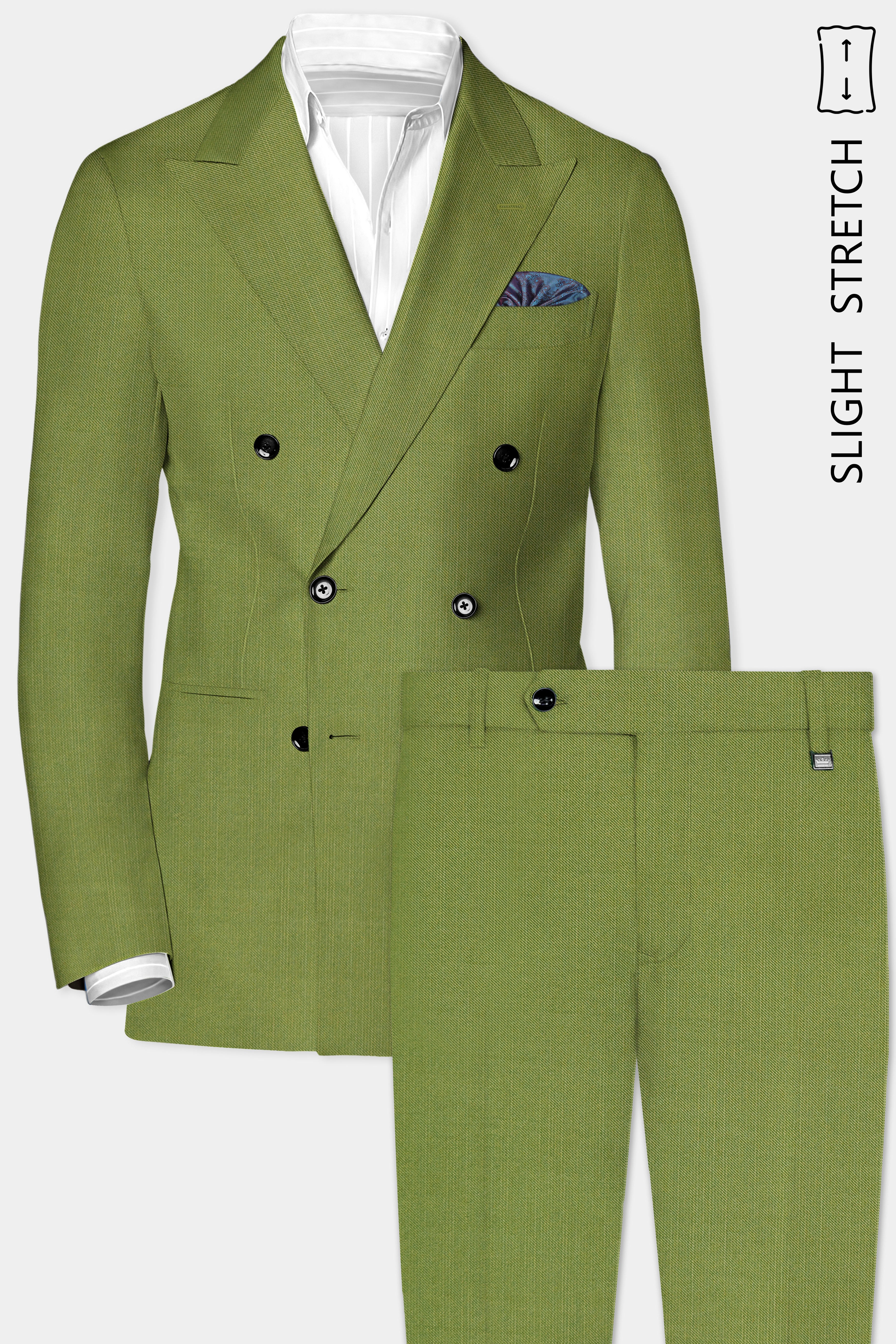 Pistachio-Wasabi Green Solid Wool Rich Double Breasted Slight Stretch Suit