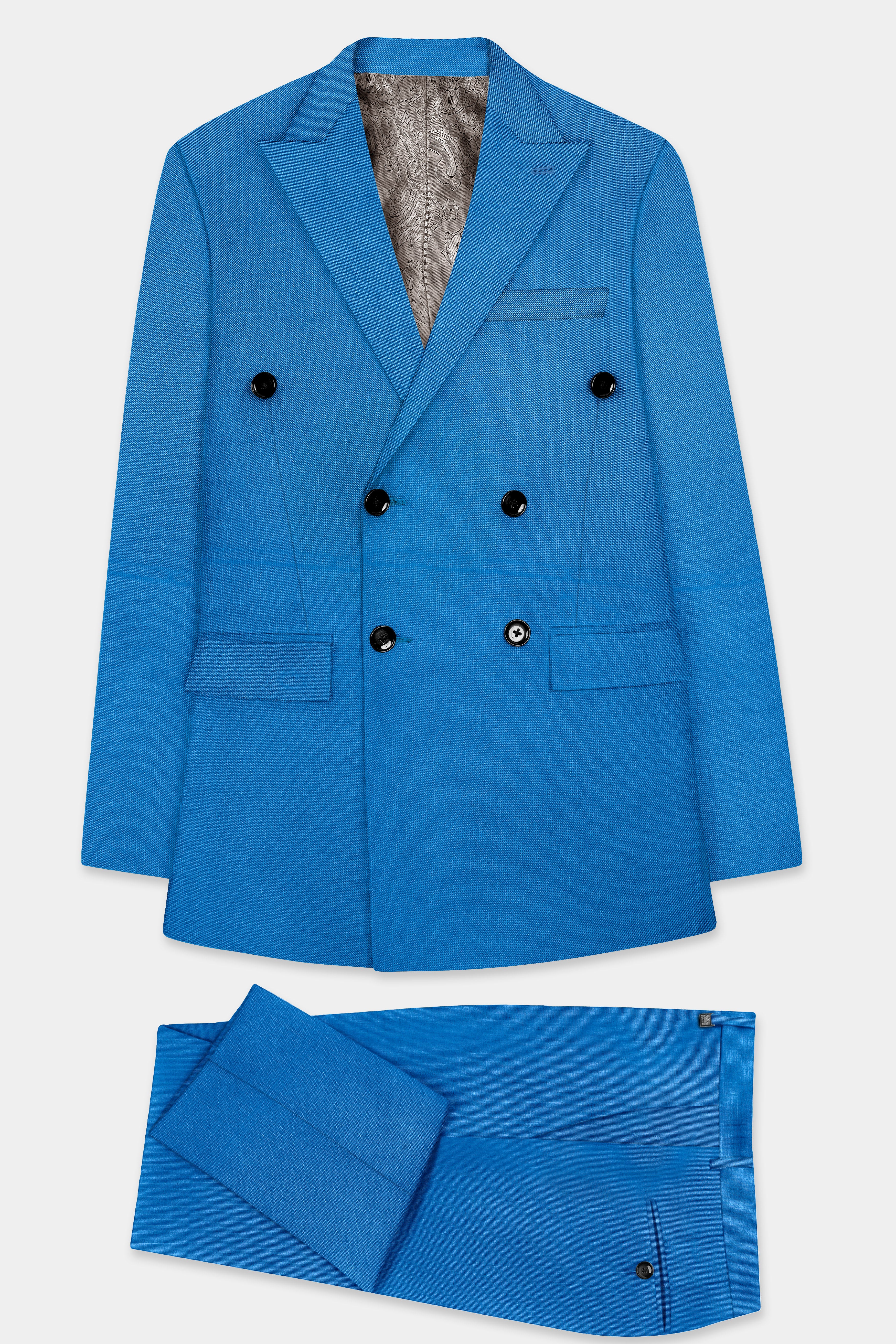 Azure-Venice Blue Solid Wool Rich Double Breasted Slight Stretch Suit