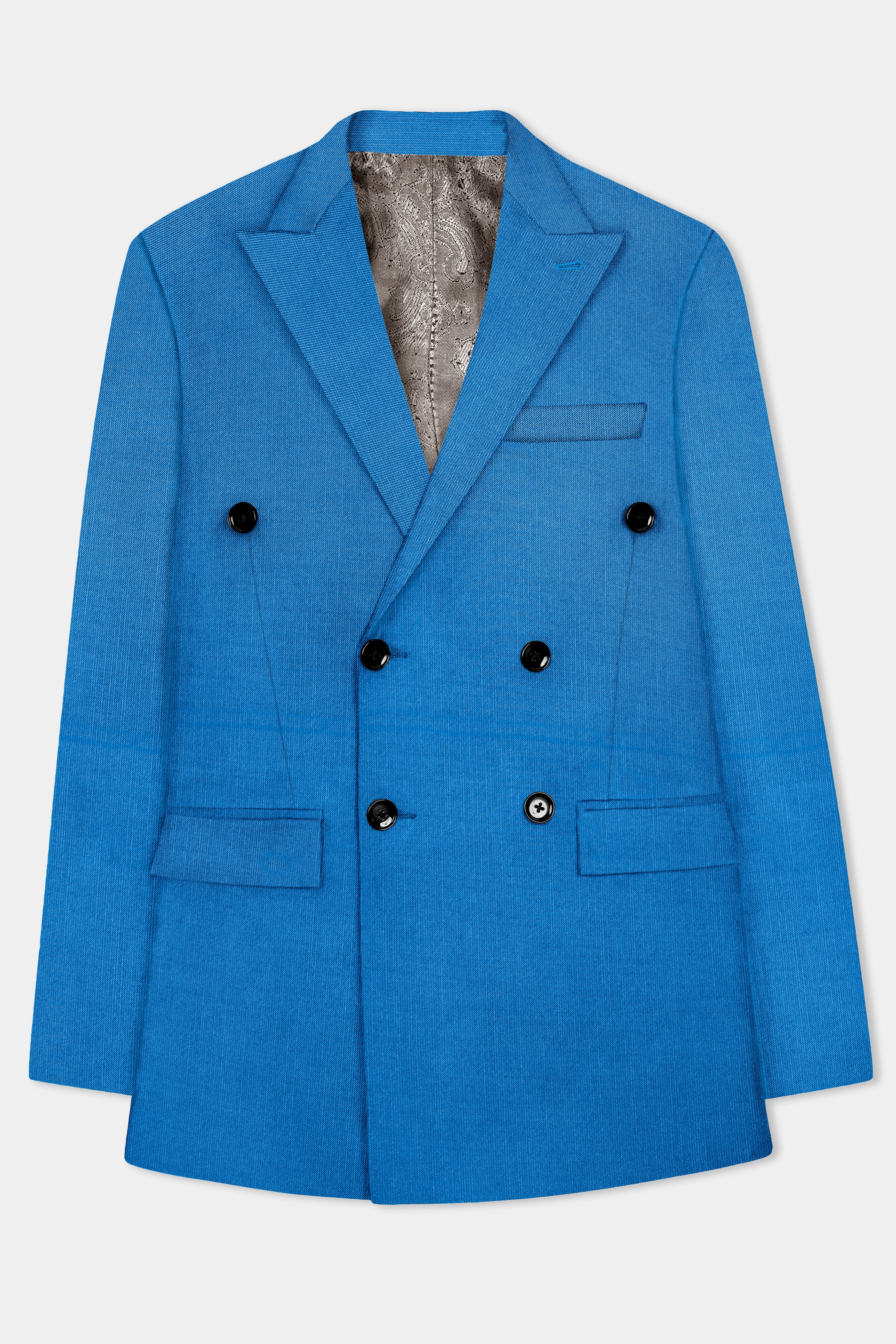 Azure-Venice Blue Solid Wool Rich Double Breasted Slight Stretch Suit