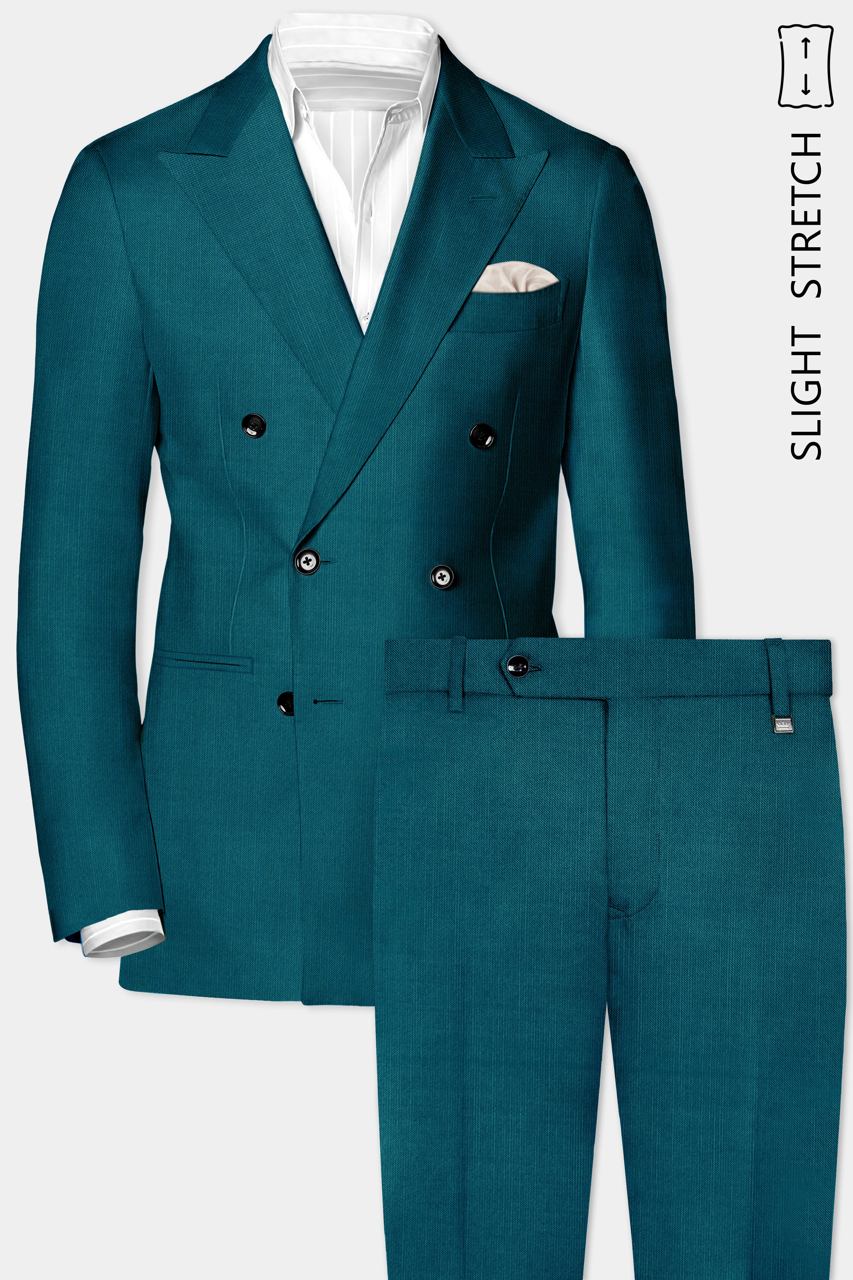 Sapphire-Peacock Blue Solid Wool Rich Double Breasted Slight Stretch Suit