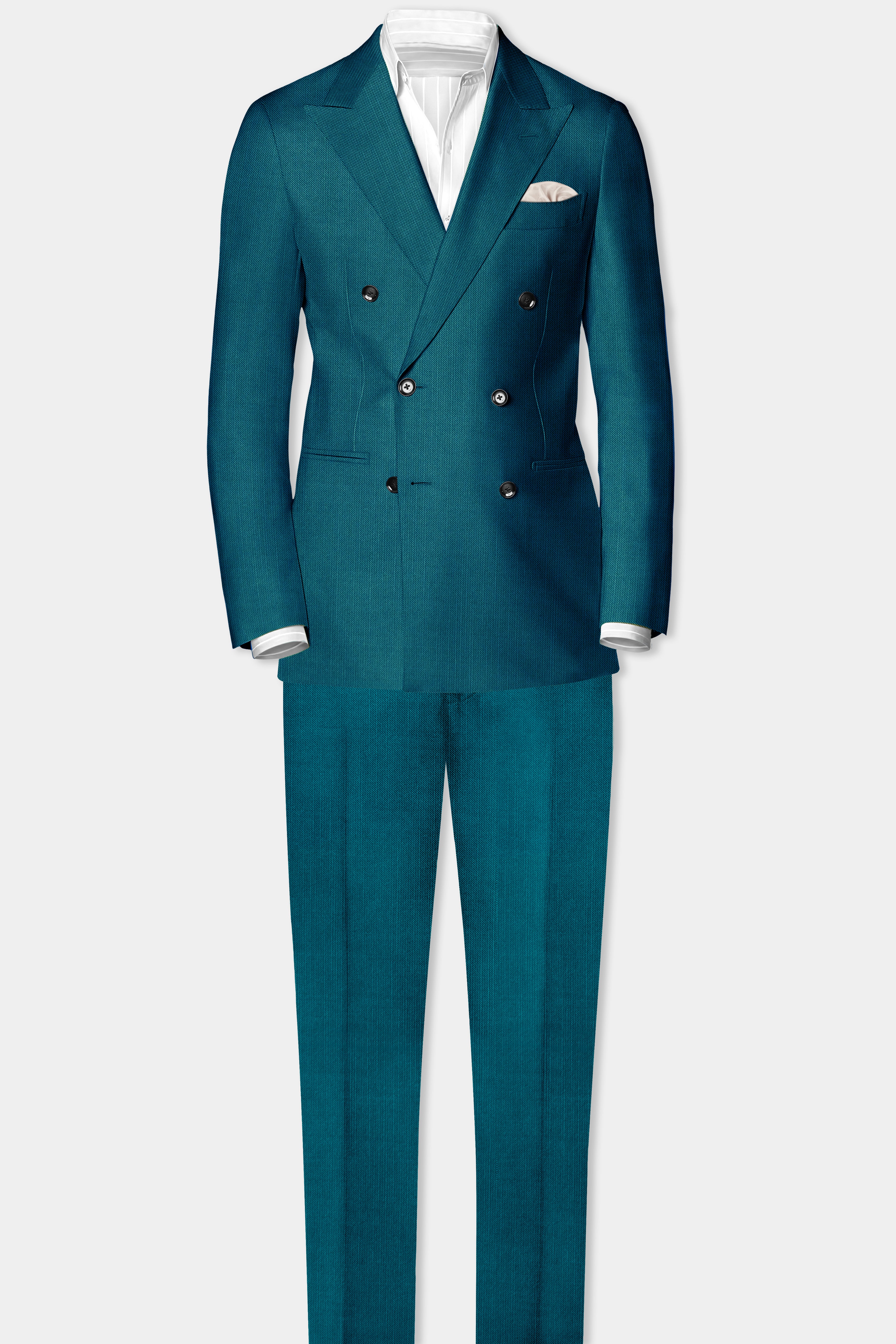 Sapphire-Peacock Blue Solid Wool Rich Double Breasted Slight Stretch Suit