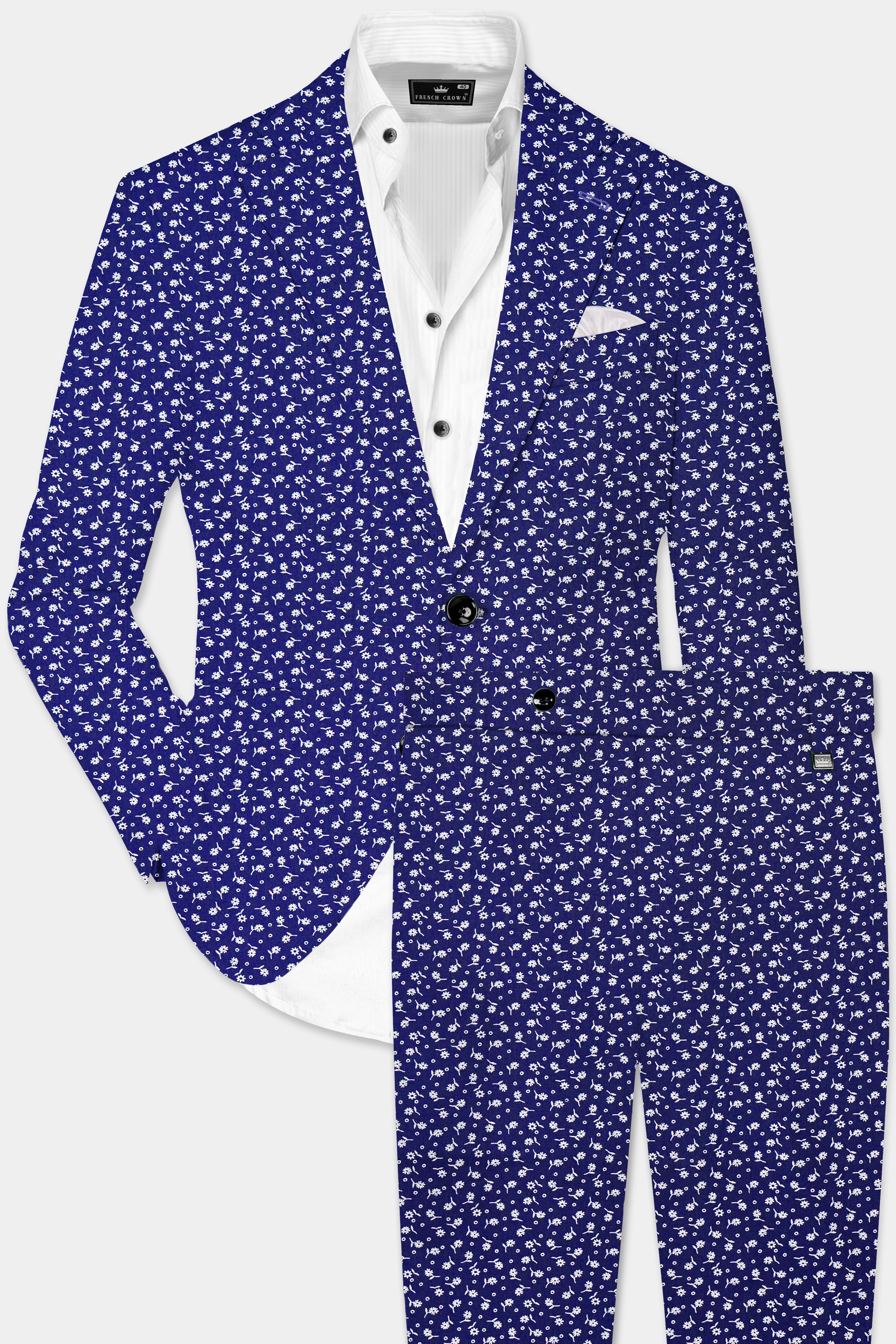 Meteorite Blue Printed Cotton Single Breasted Suit