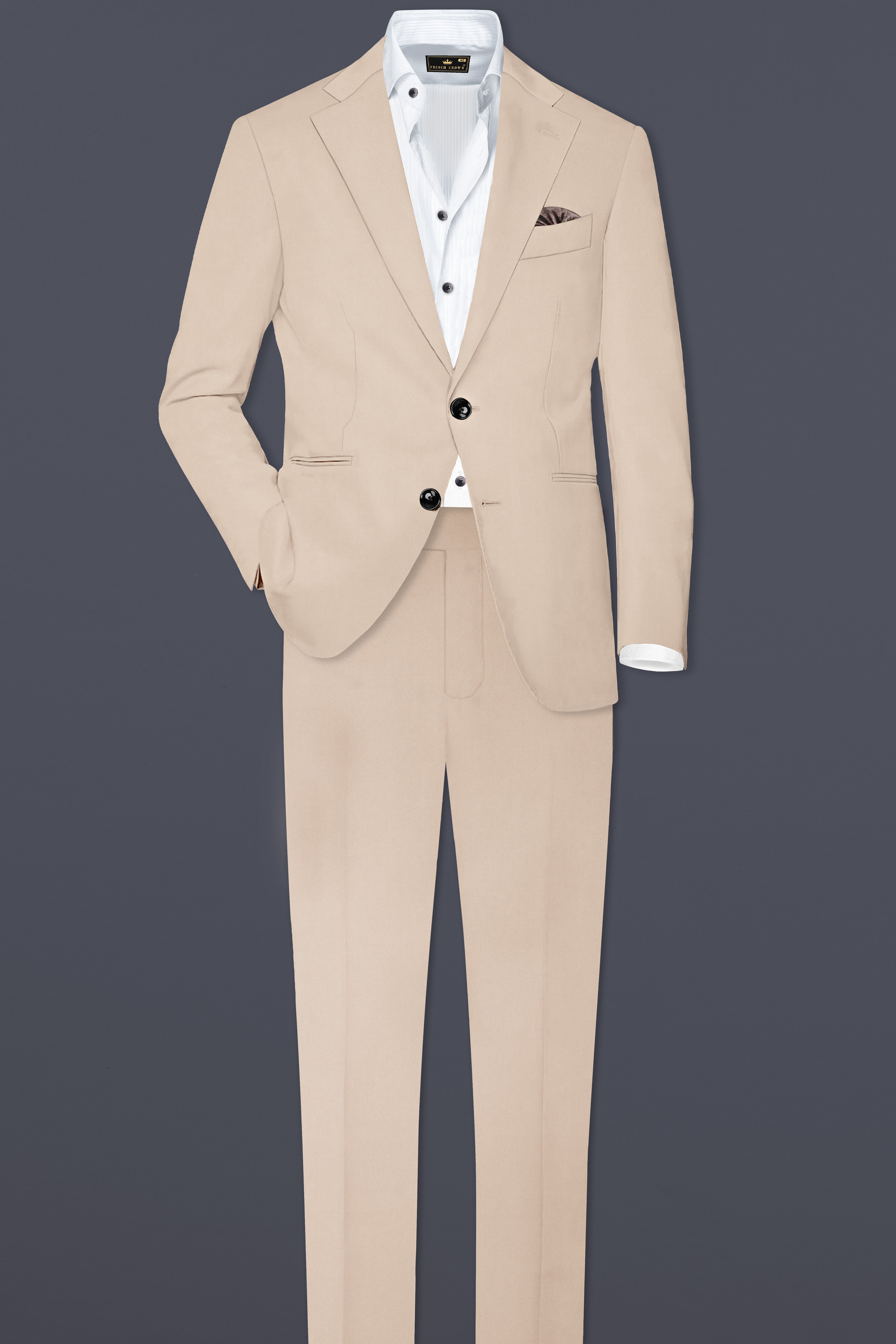 Almond Cream Solid Cotton Single Breasted Suit