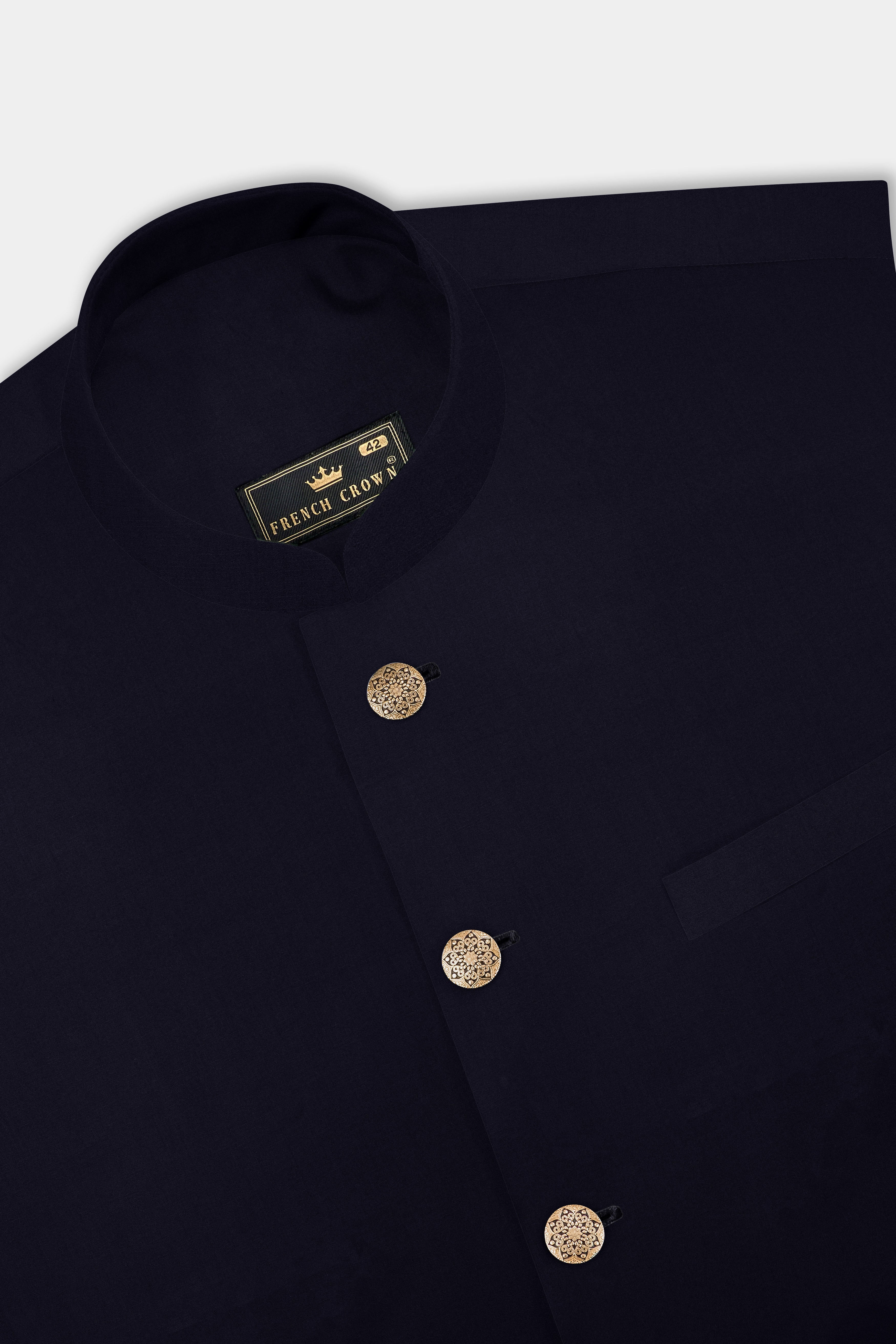 Vulcan Blue Solid Wool Rich Cross Placket Bandhgala Suit