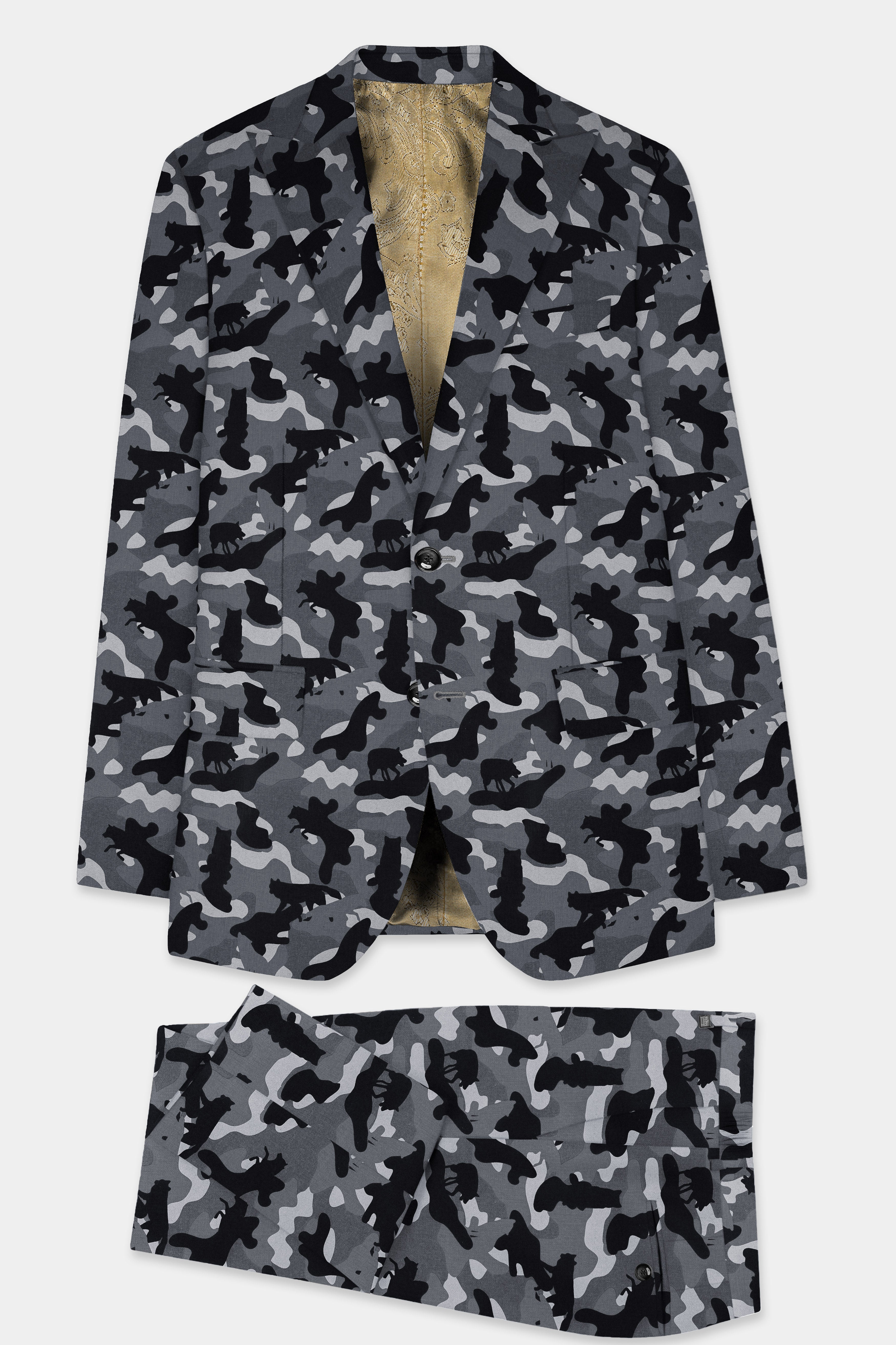 Carbon Gray And Cinder Black Camouflage Printed Cotton Single Breasted Suit