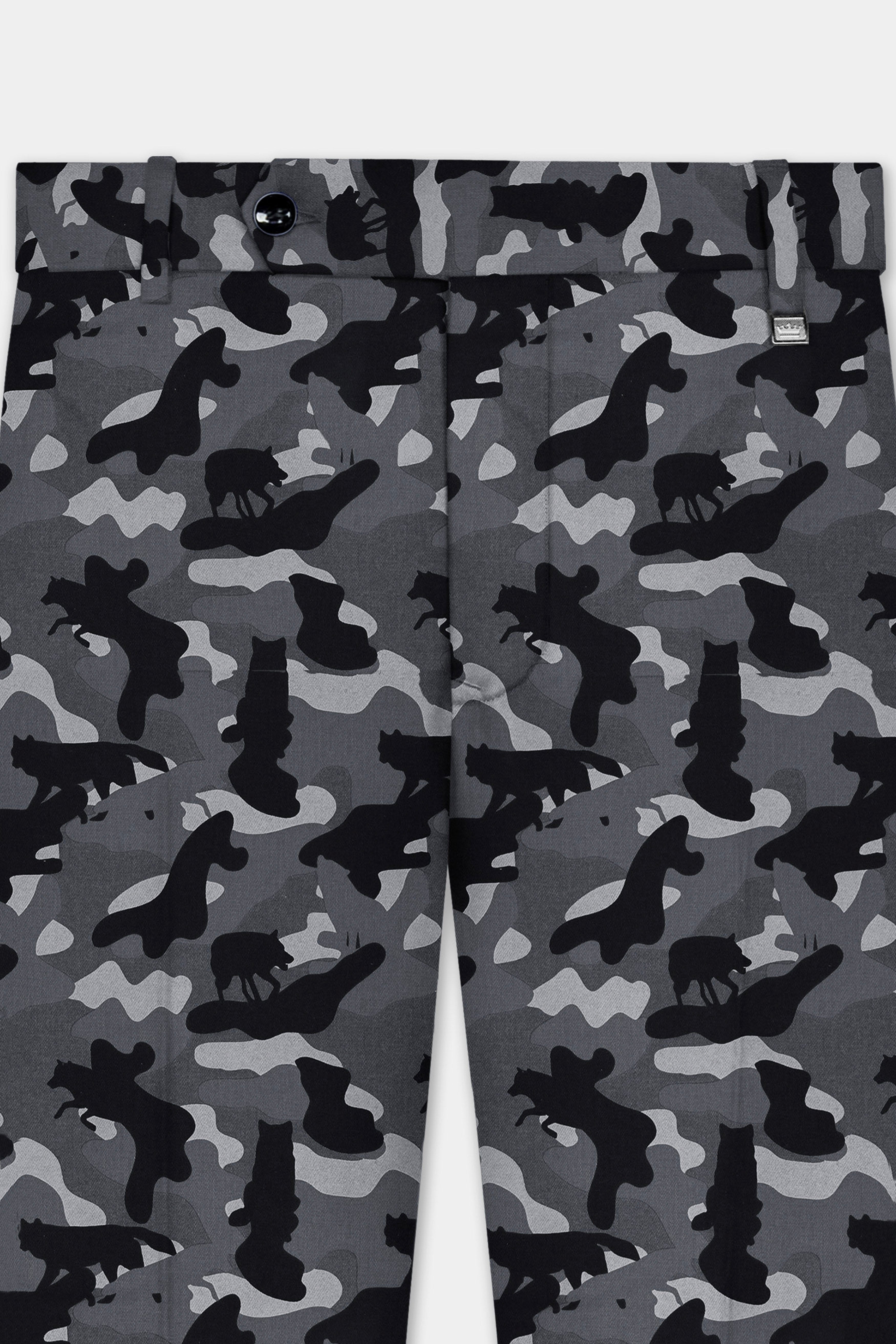 Carbon Gray And Cinder Black Camouflage Printed Cotton Single Breasted Suit