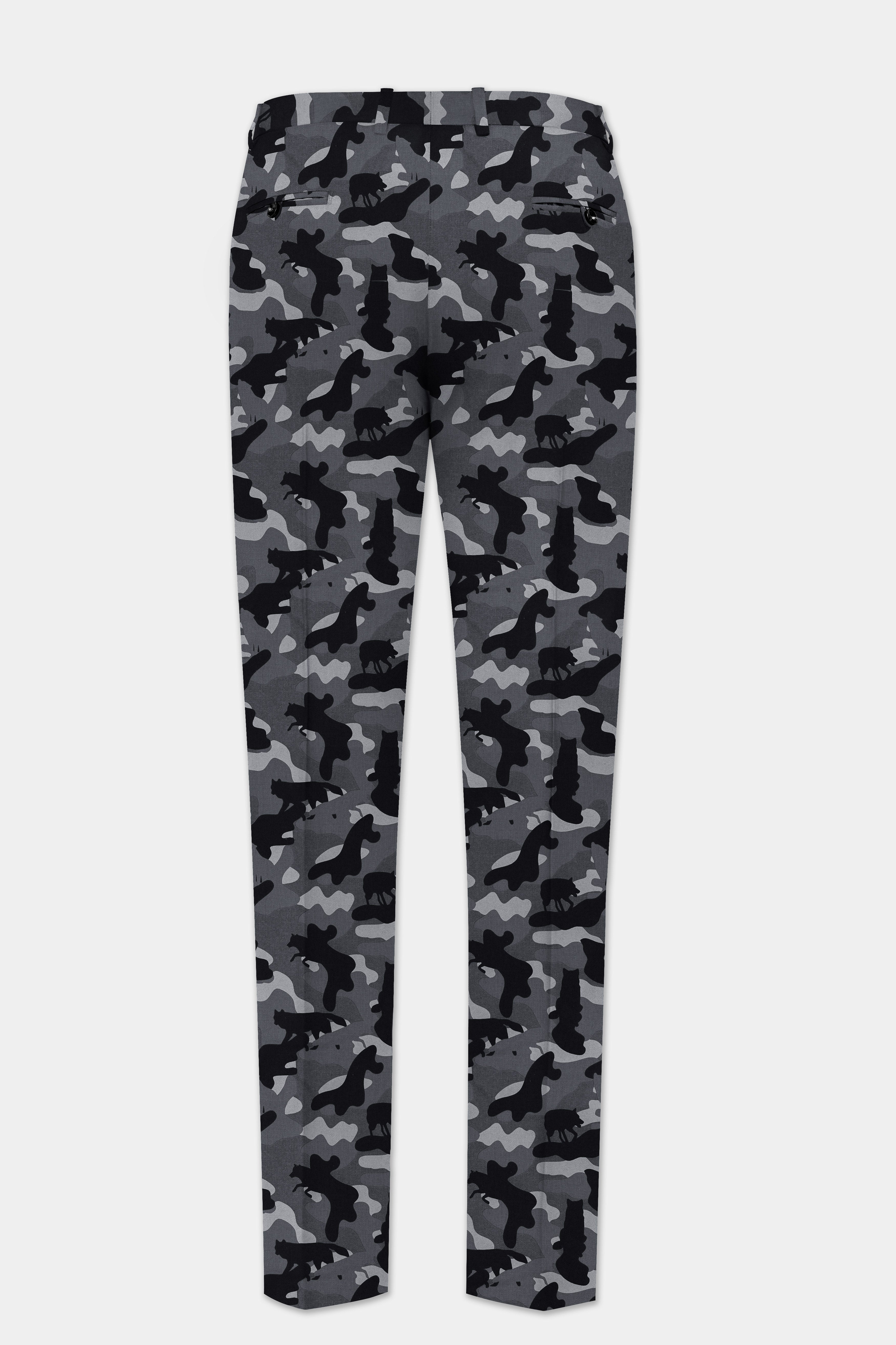 Carbon Gray And Cinder Black Camouflage Printed Cotton Single Breasted Suit