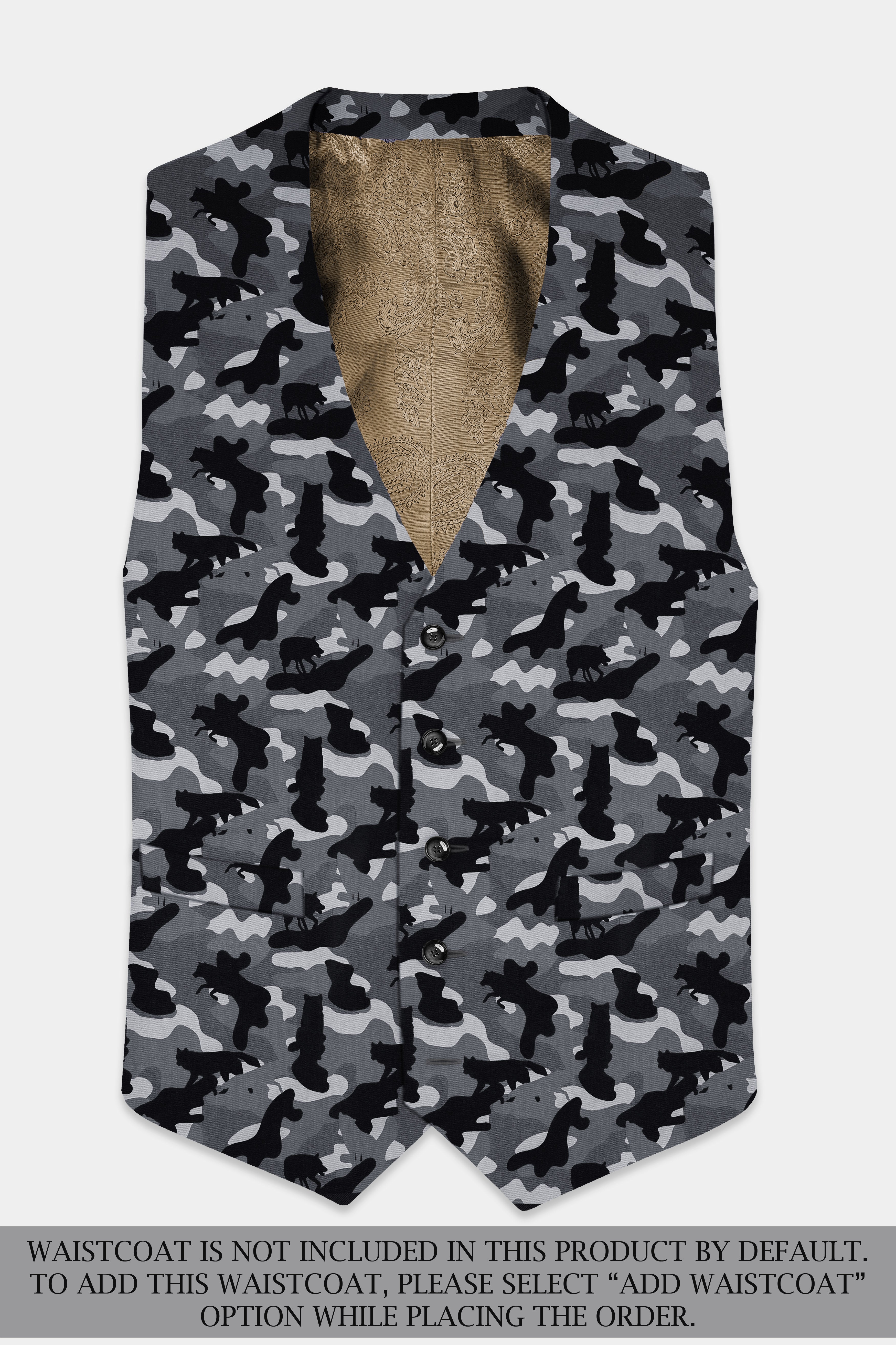 Carbon Gray And Cinder Black Camouflage Printed Cotton Single Breasted Suit