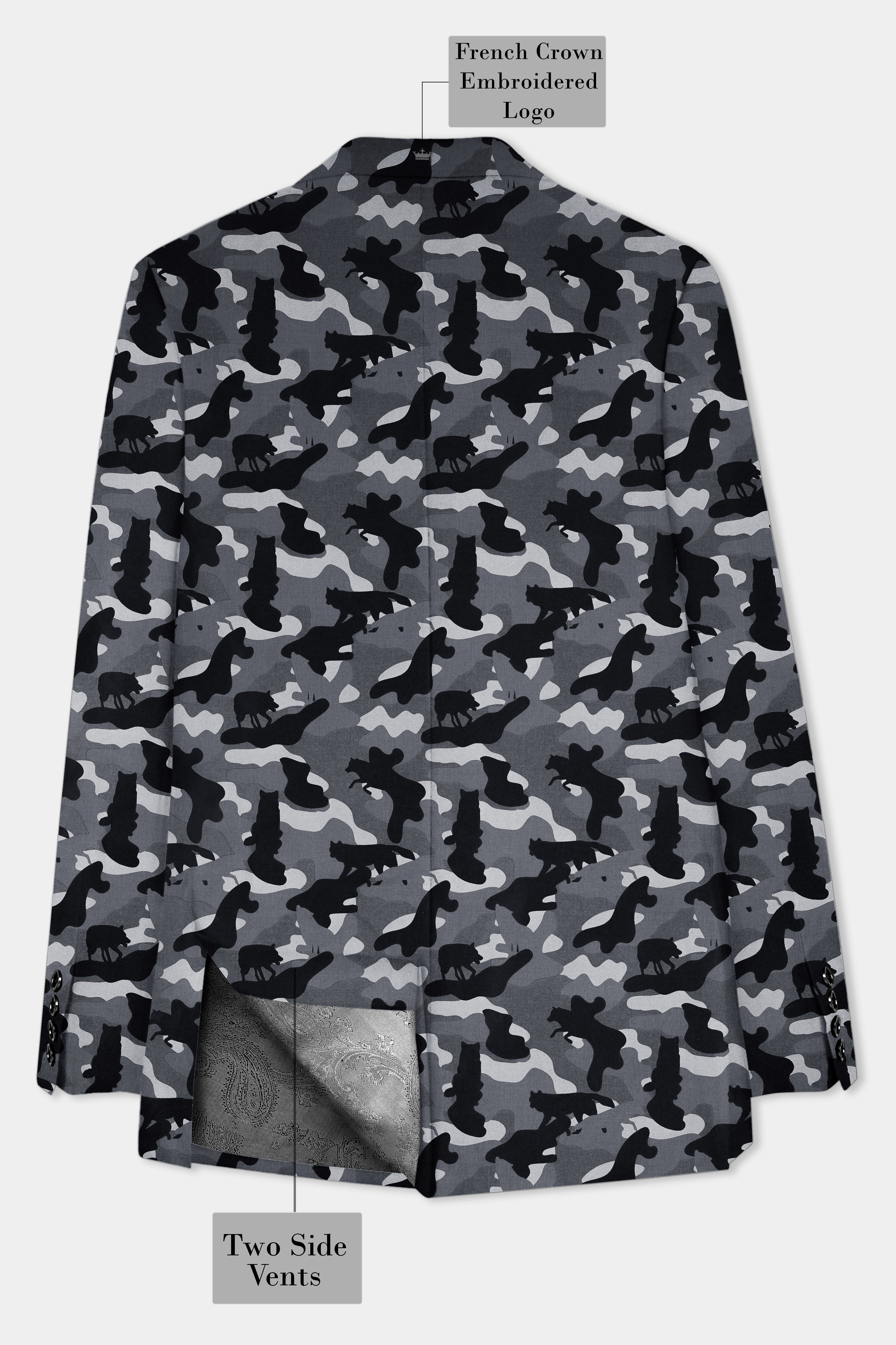 Carbon Gray And Cinder Black Camouflage Printed Cotton Single Breasted Suit