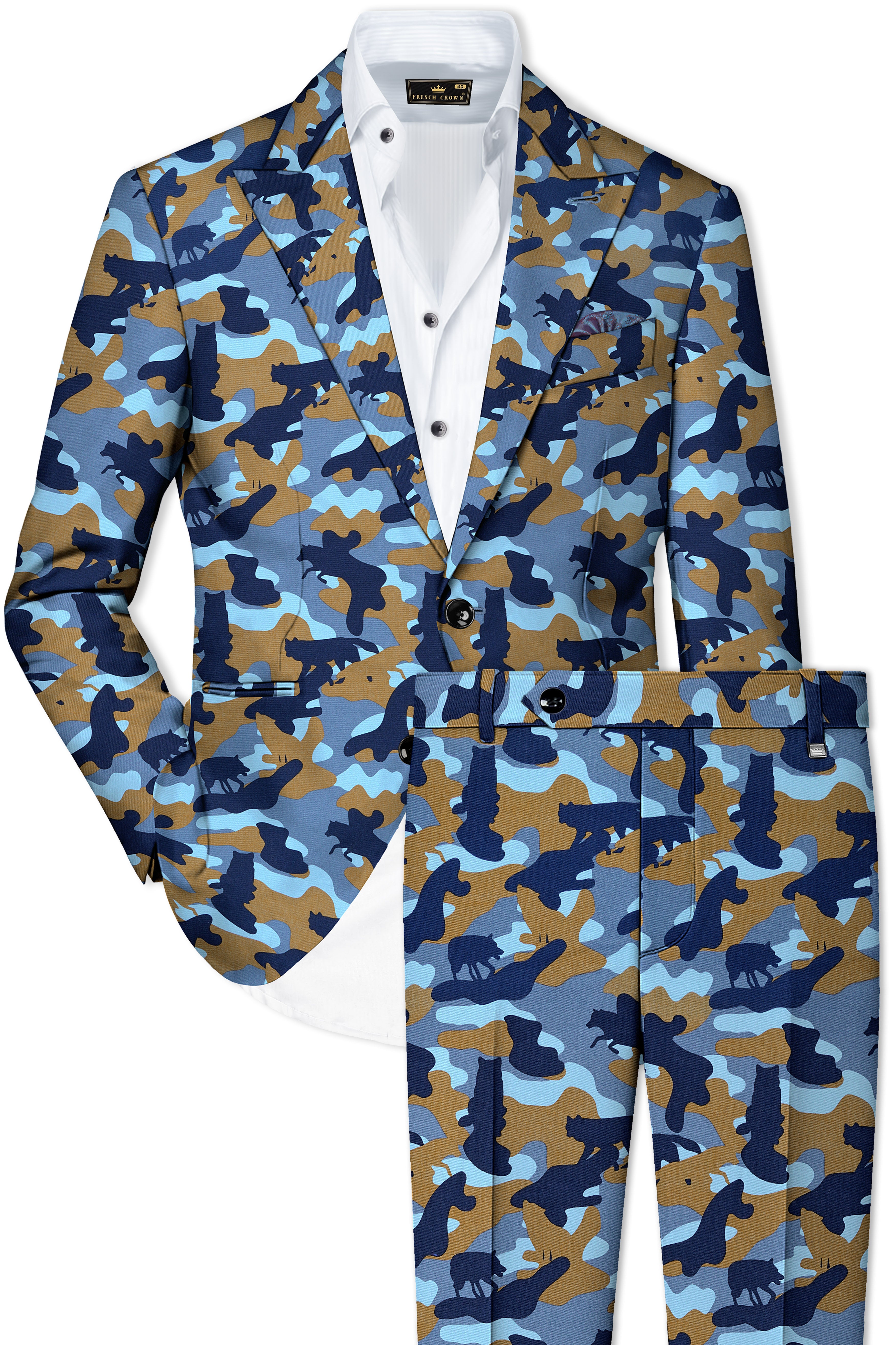 Martinique Blue And Irish Brown Camouflage Printed Single Breasted Suit