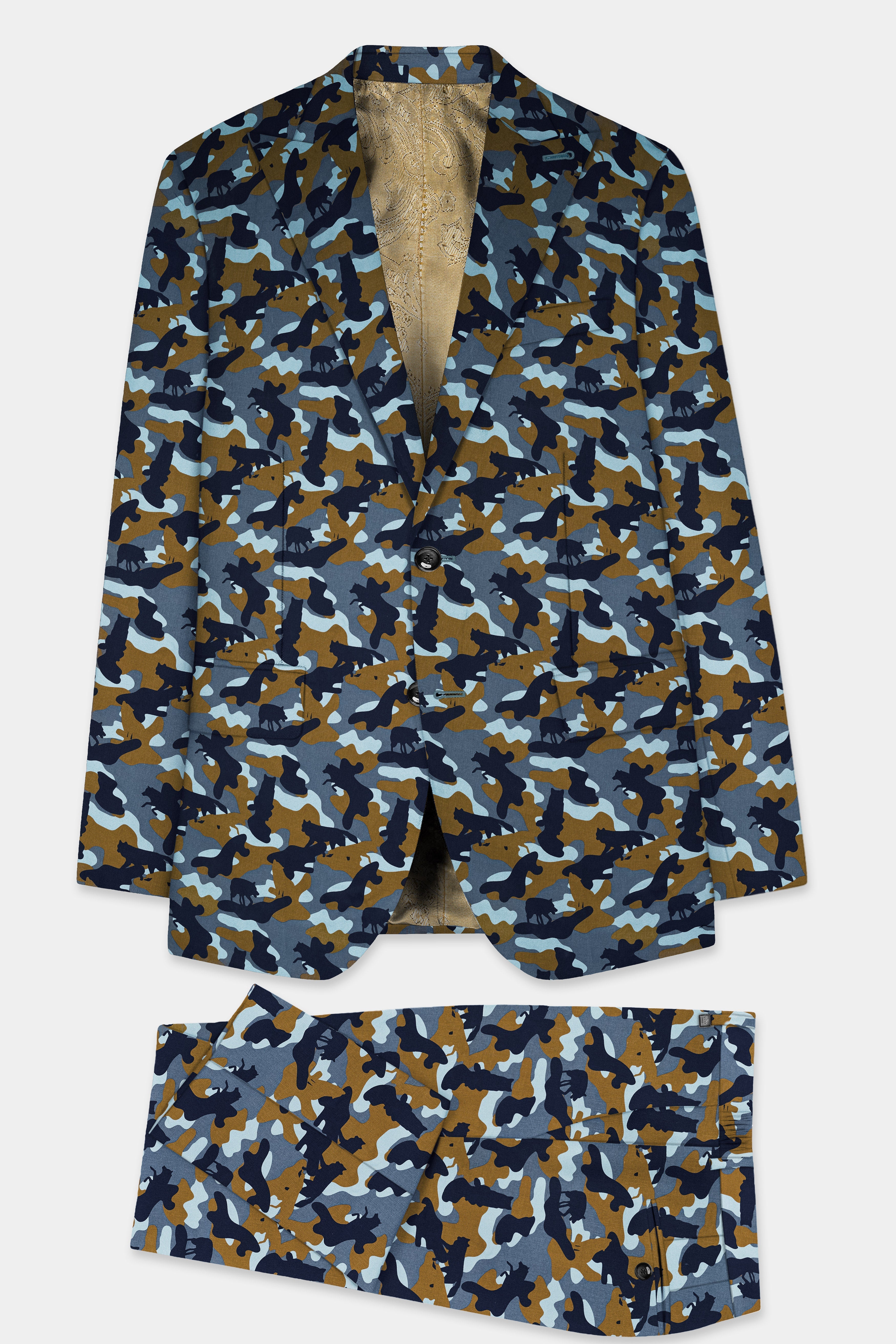 Martinique Blue And Irish Brown Camouflage Printed Single Breasted Suit