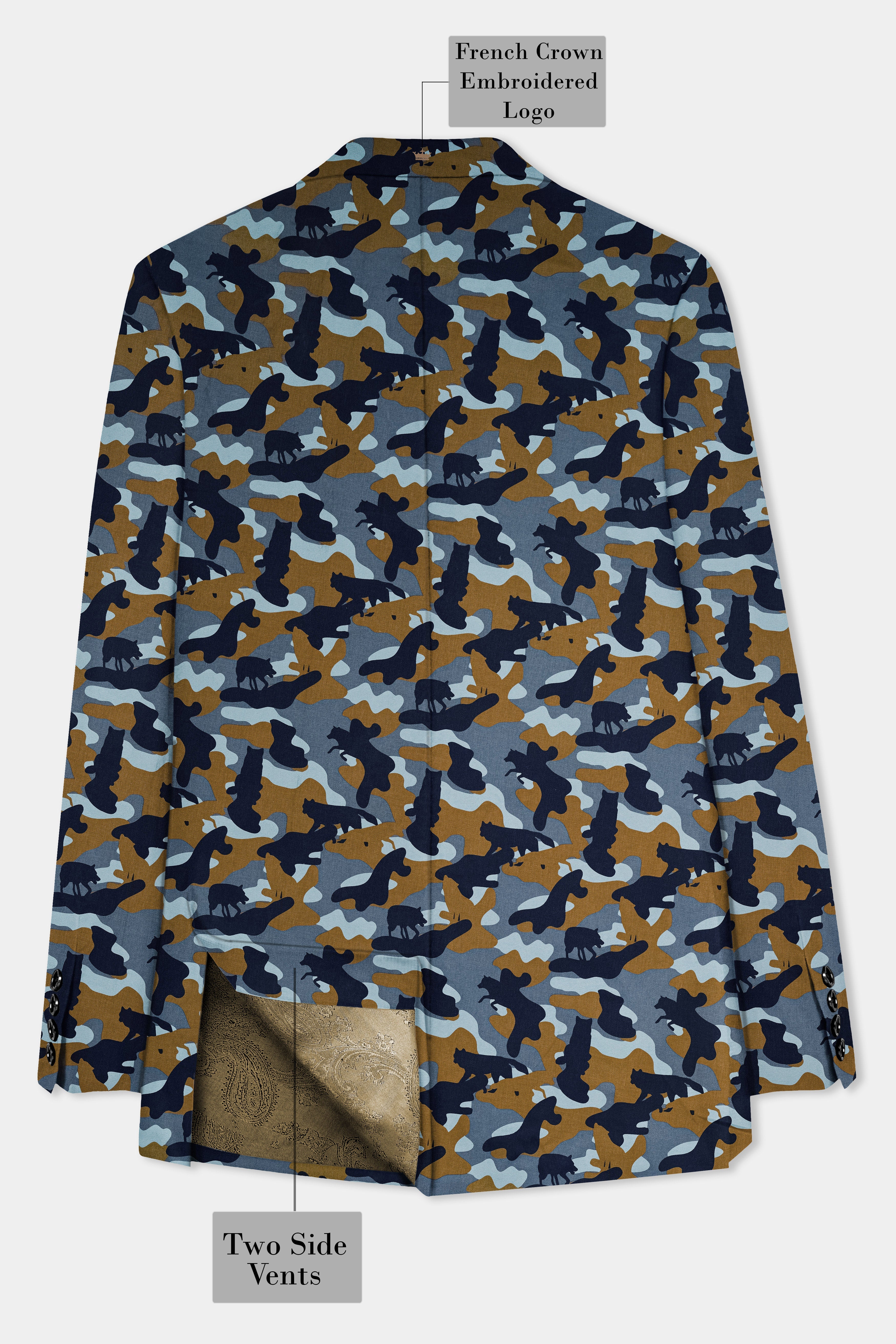 Martinique Blue And Irish Brown Camouflage Printed Single Breasted Suit