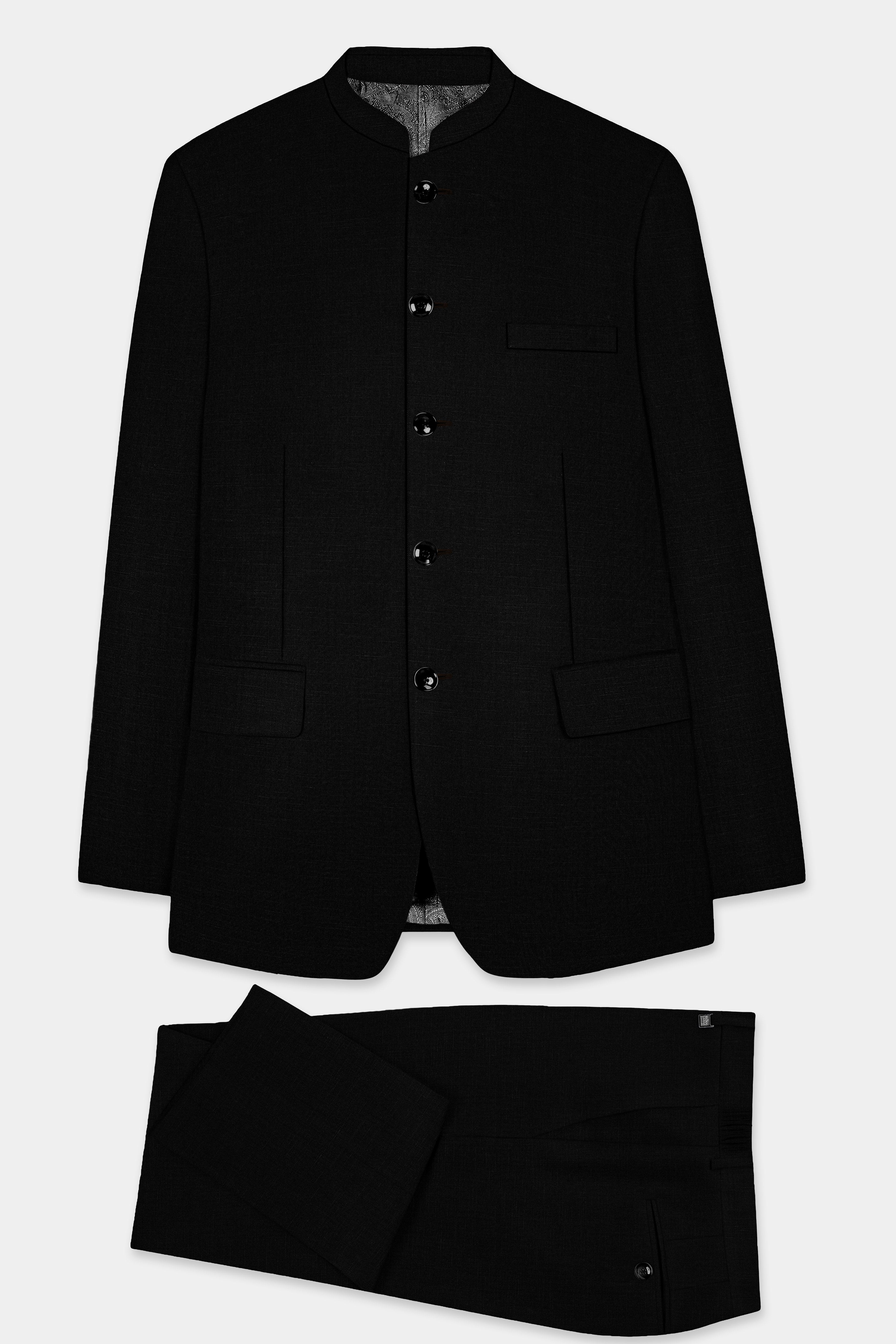 Jade Black Solid Wool Rich Bandhgala Stretchable traveler Suit