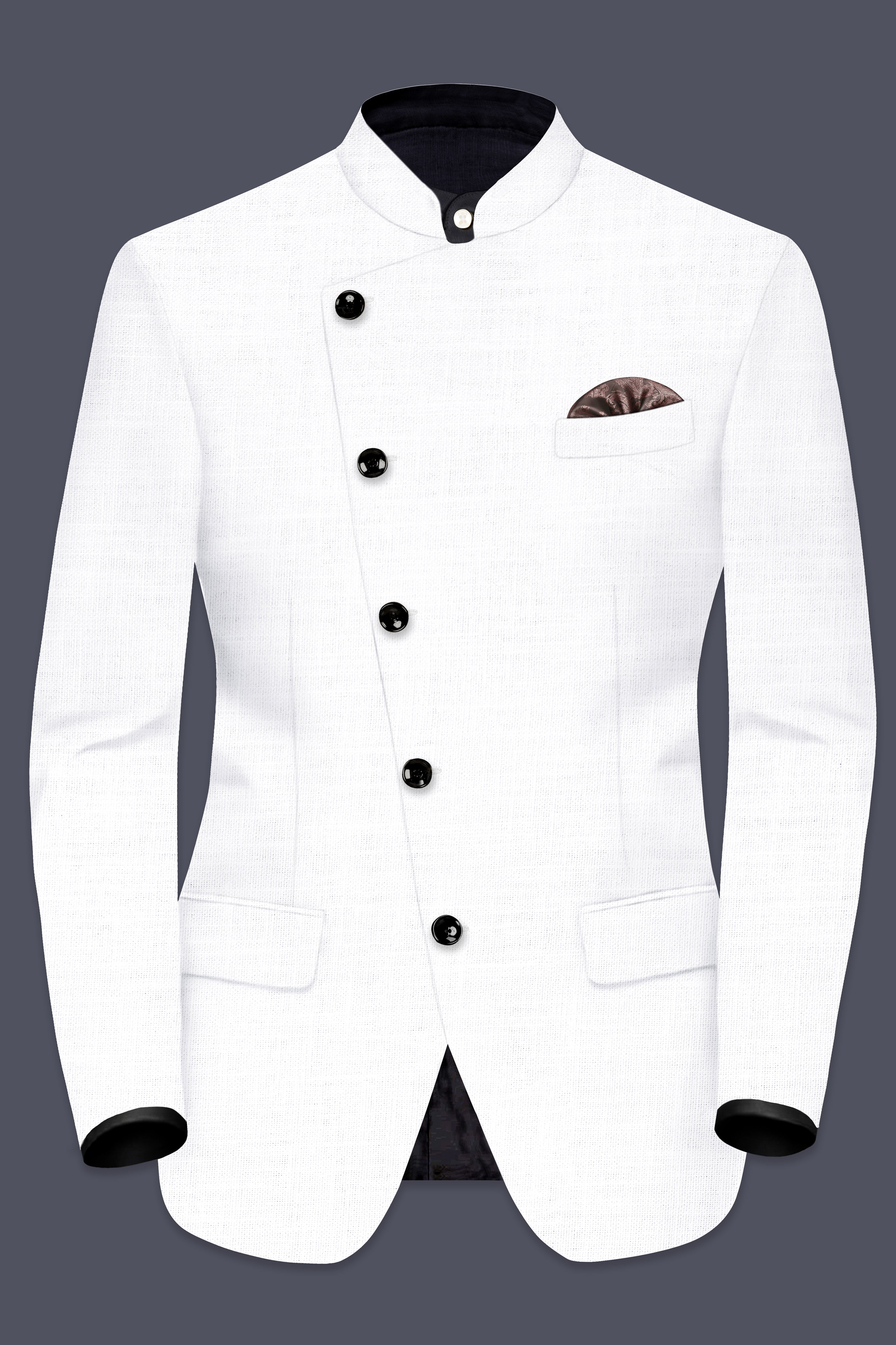 Bright White Solid Wool Rich Cross Placket Bandhgala Luxurious Linen Suit