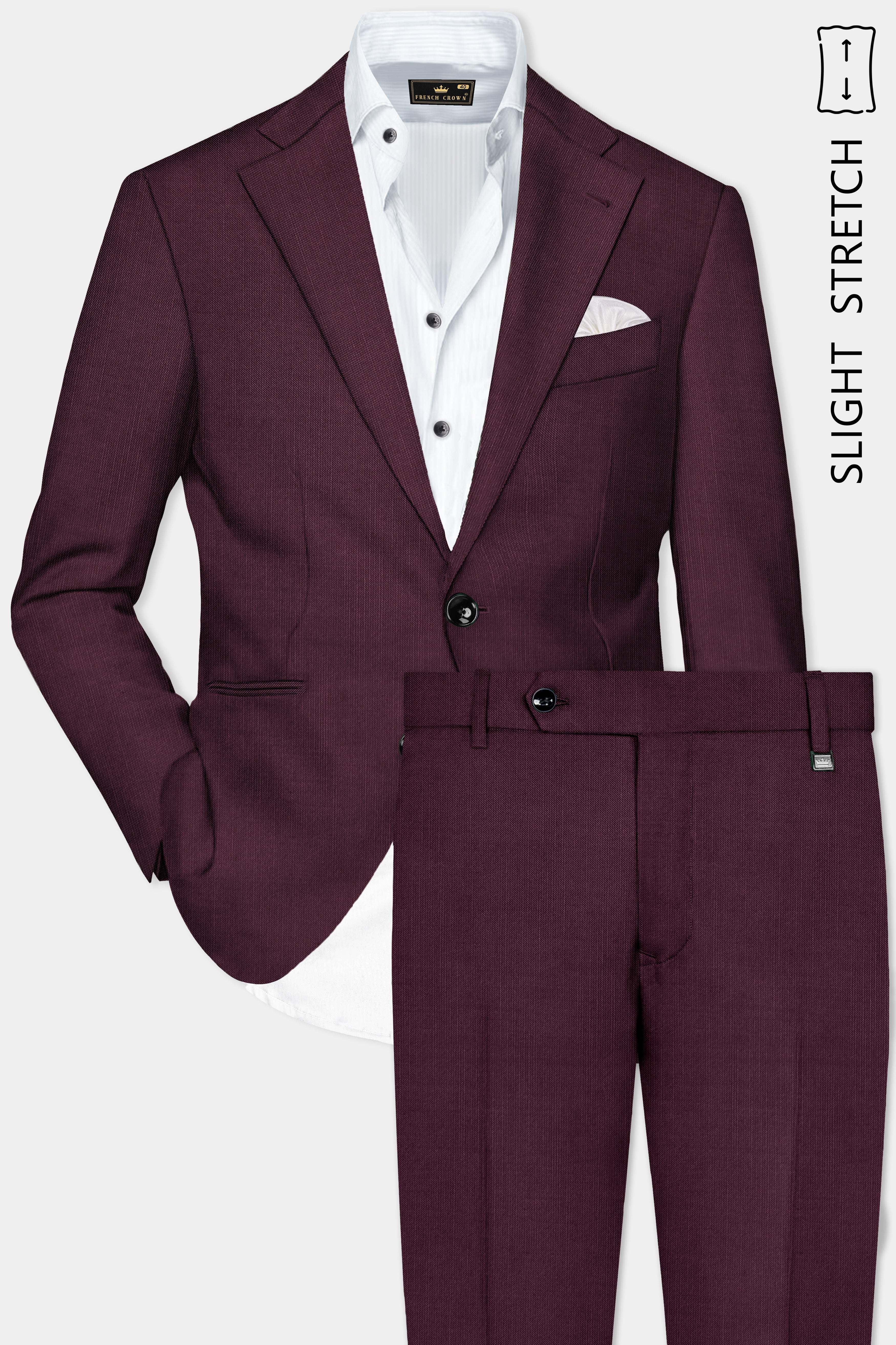 Merlot-Bistre Wine Maroon Solid Wool Rich Single Breasted Slight Stretch Suit