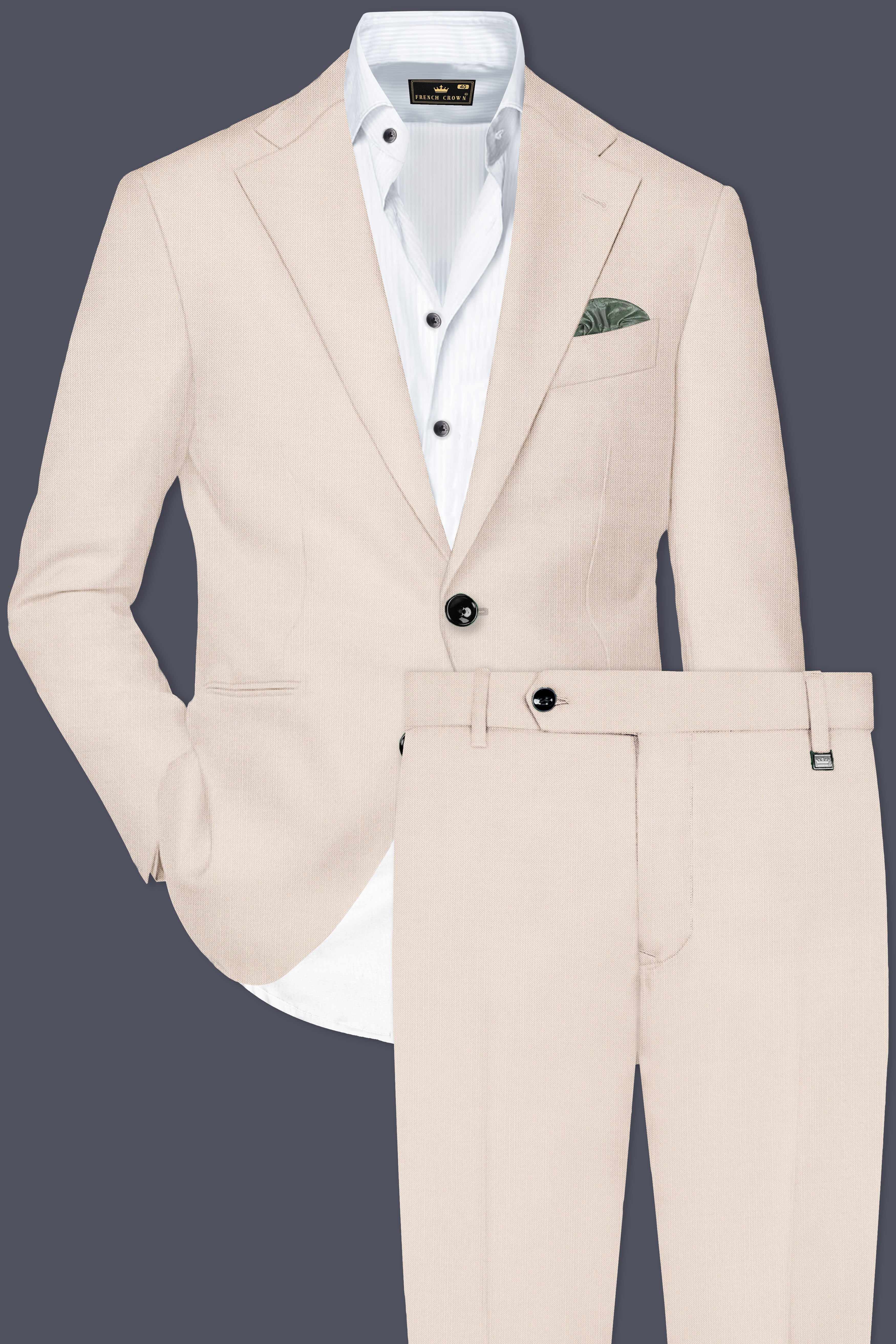 Velivon-Bizarre Cream Solid Wool Rich Single Breasted Stretchable traveler Suit