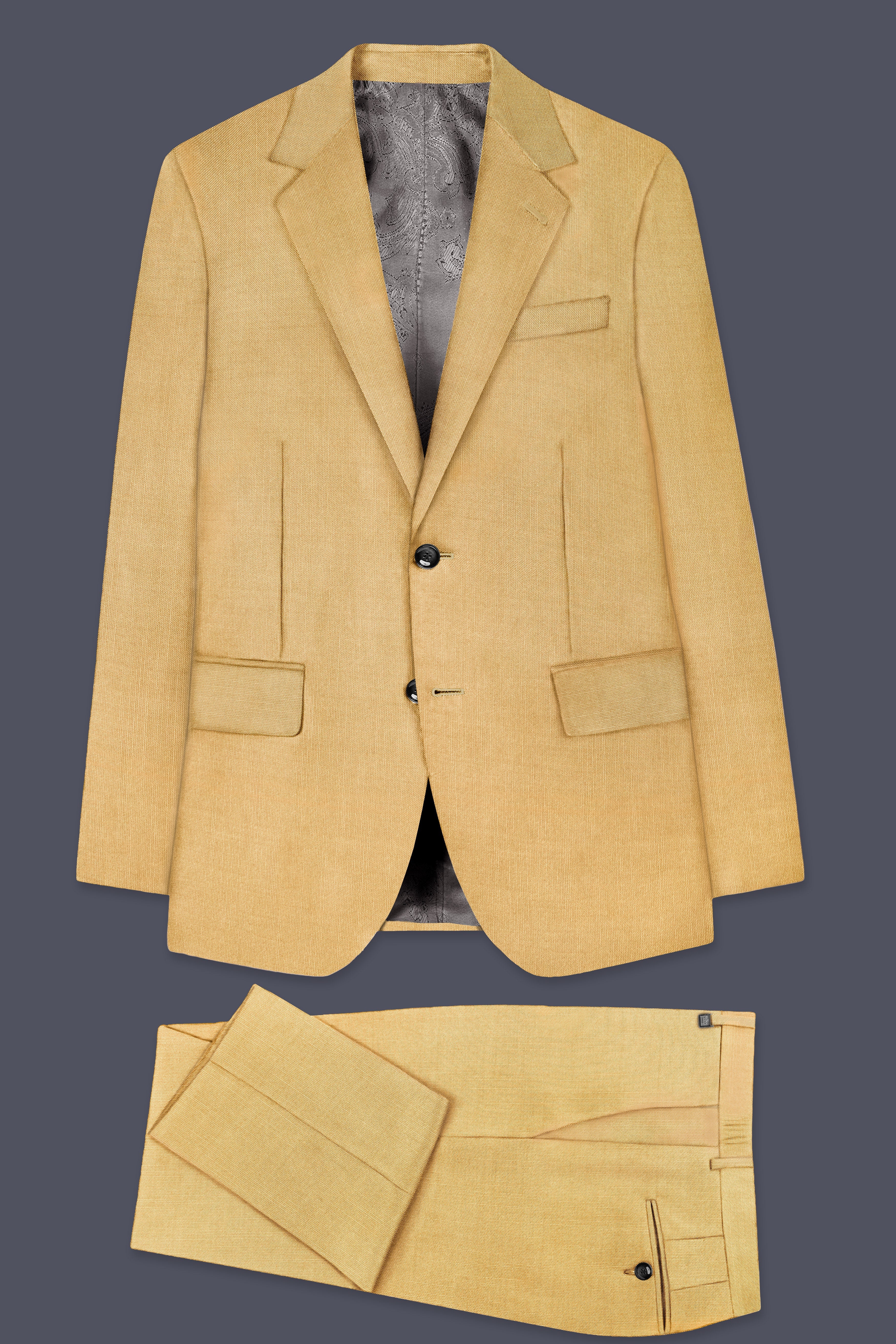 Marula-Desert Yellow Solid Wool Rich Single Breasted Stretchable traveler Suit