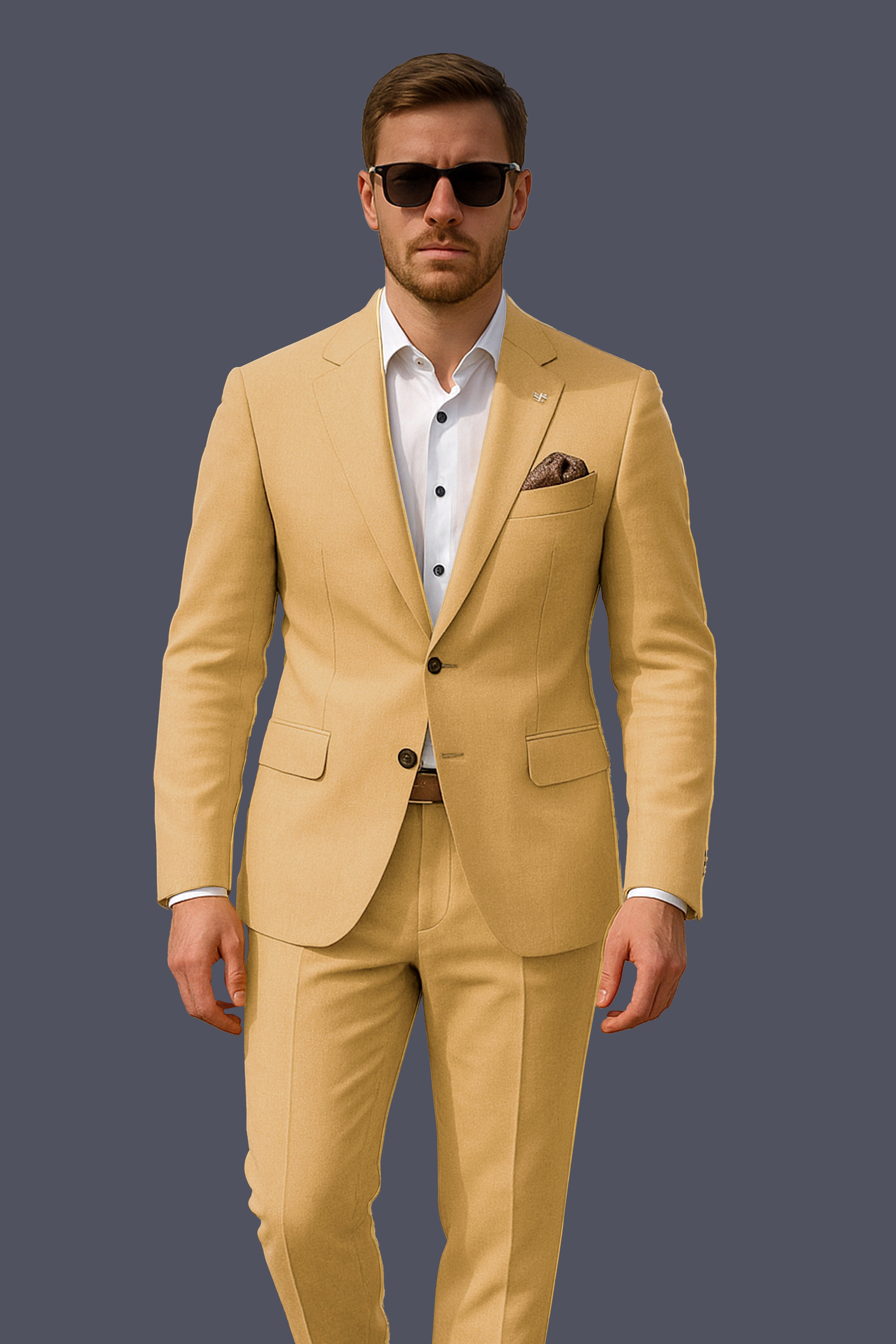 Marula-Desert Yellow Solid Wool Rich Single Breasted Stretchable traveler Suit