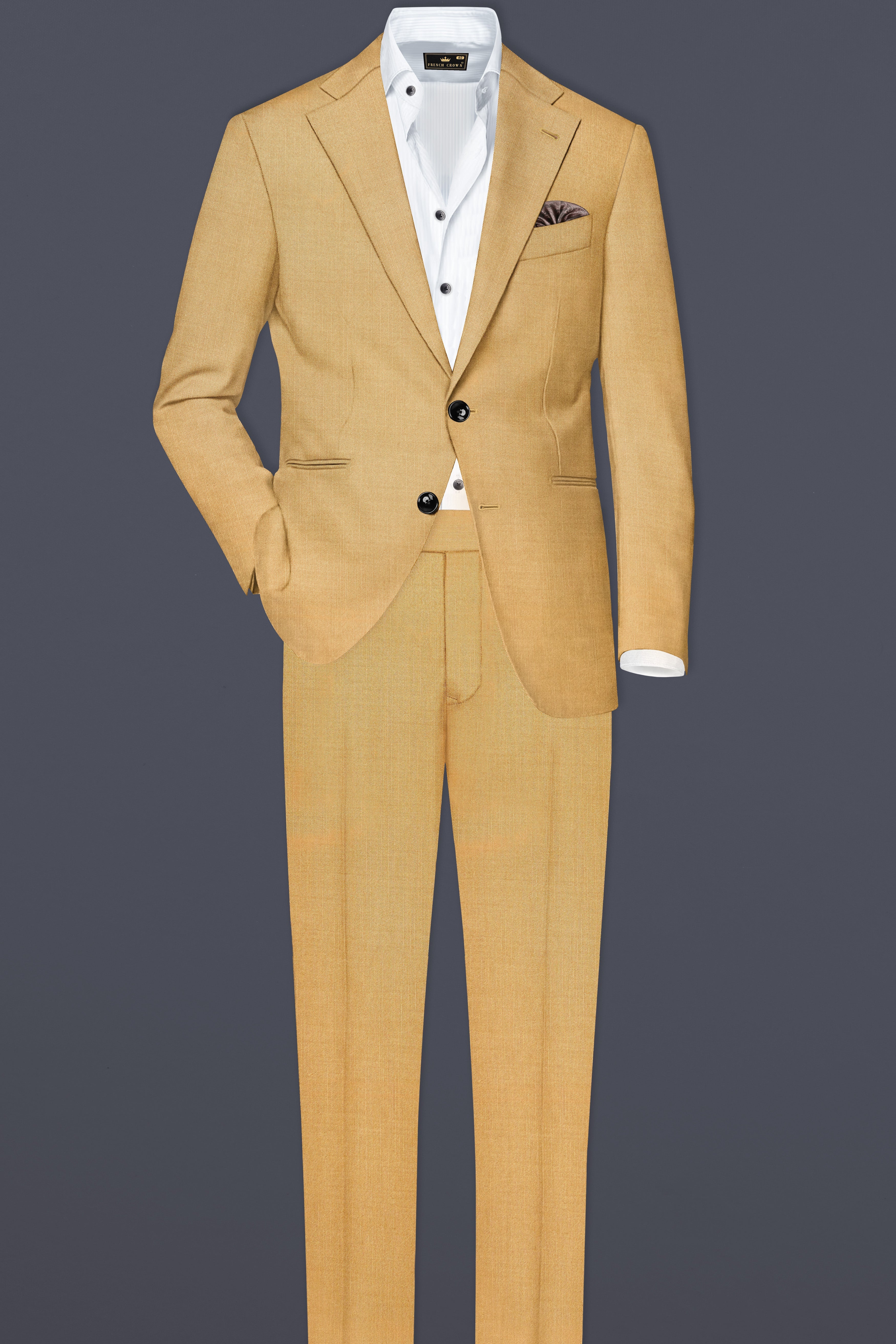 Marula-Desert Yellow Solid Wool Rich Single Breasted Stretchable traveler Suit