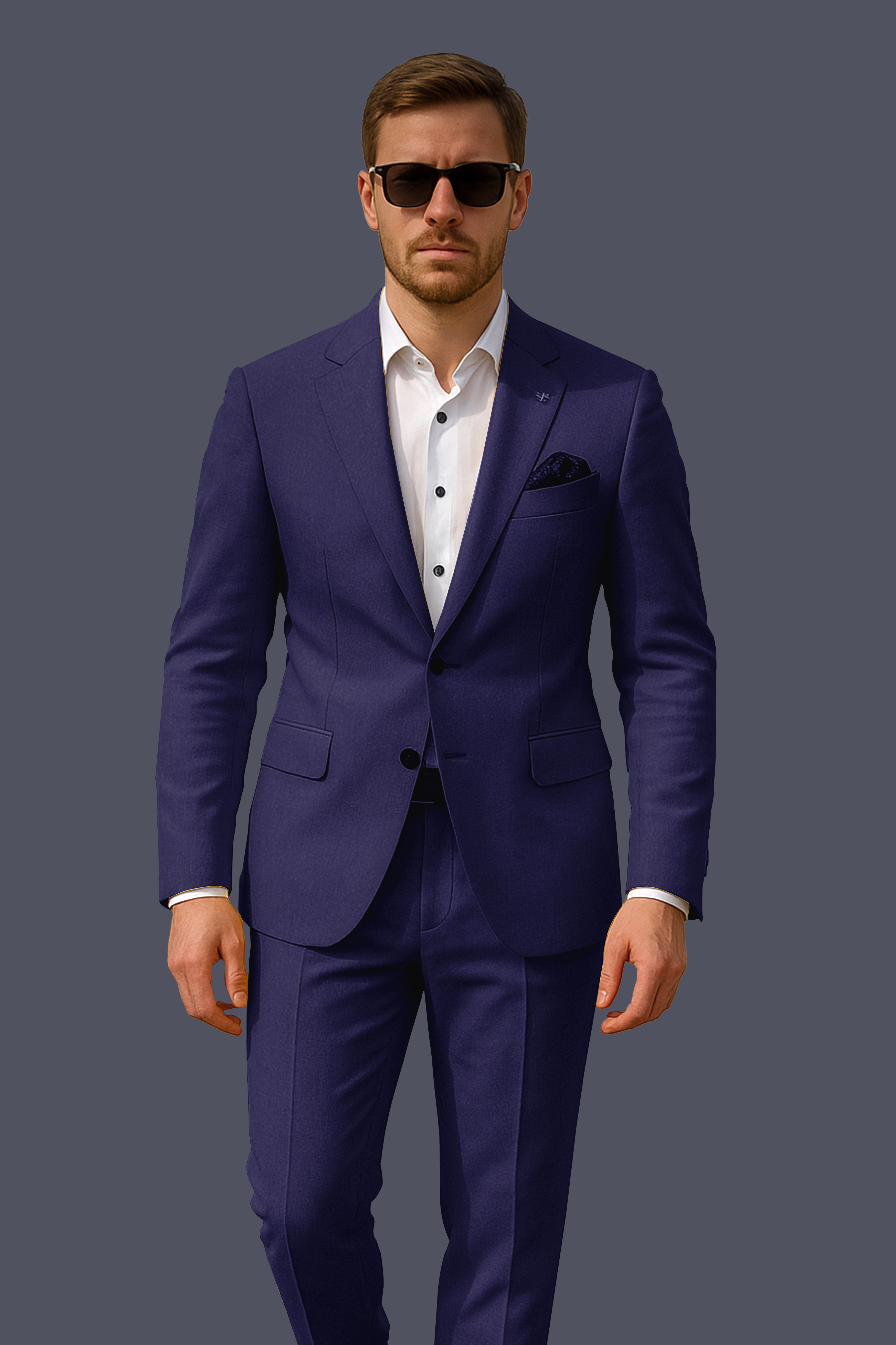 Triton-Martinique Blue Solid Wool Rich Single Breasted Slight Stretch Suit
