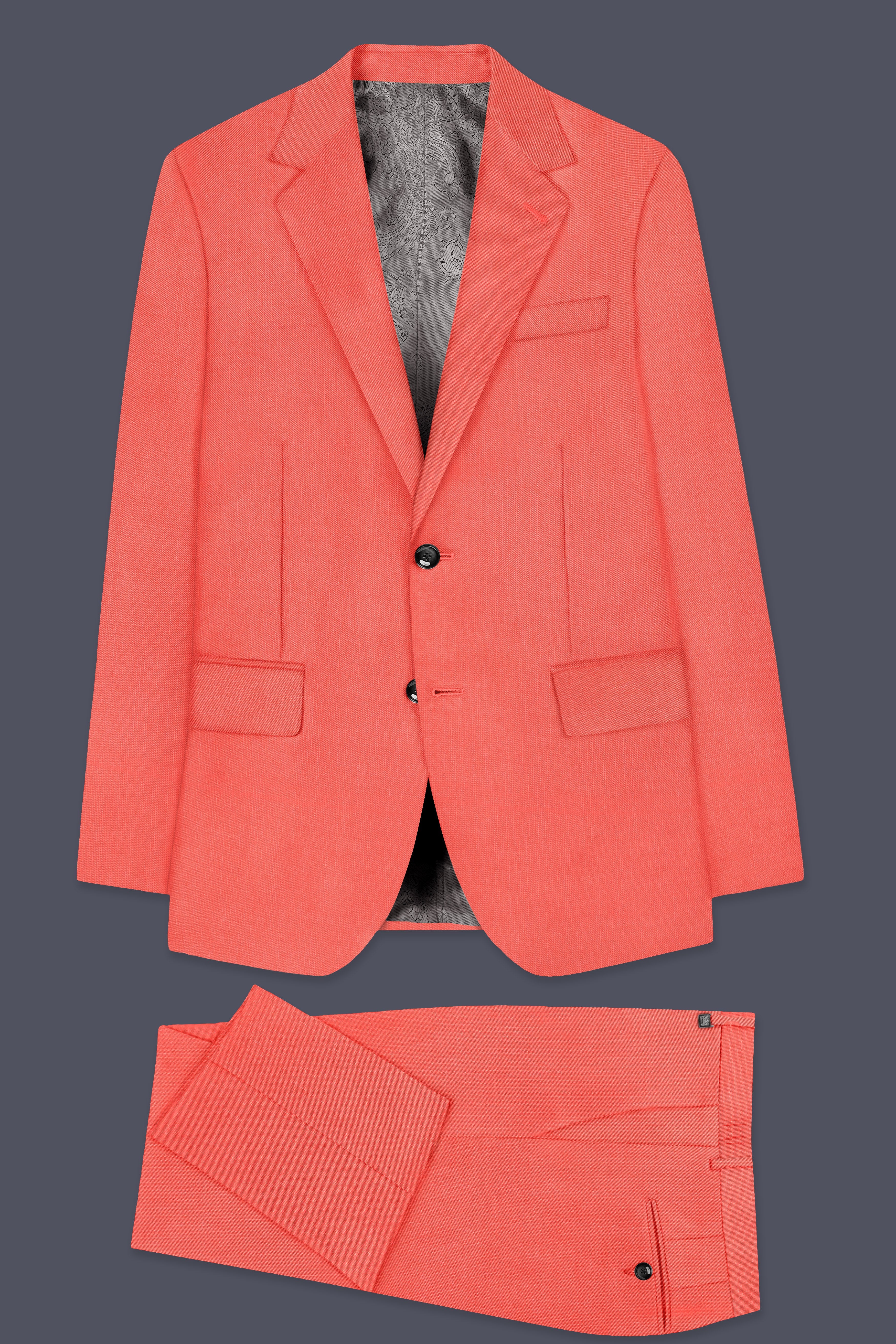 Aurora-Salmon Orange Solid Wool Rich Single Breasted Stretchable traveler Suit