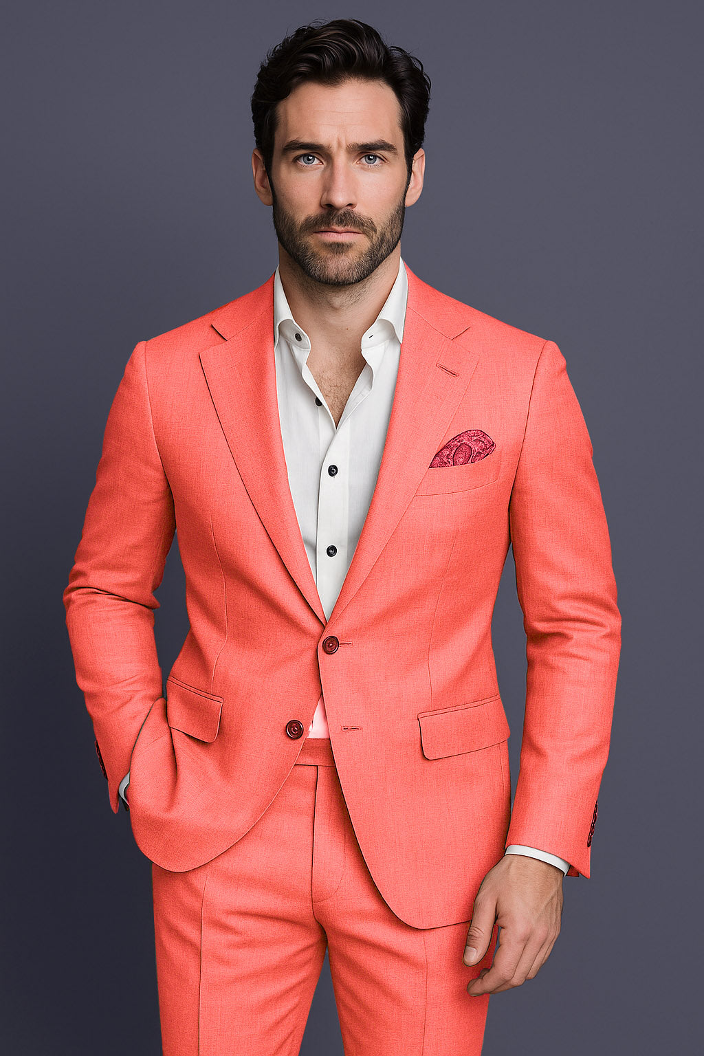 Aurora-Salmon Orange Solid Wool Rich Single Breasted Stretchable traveler Suit
