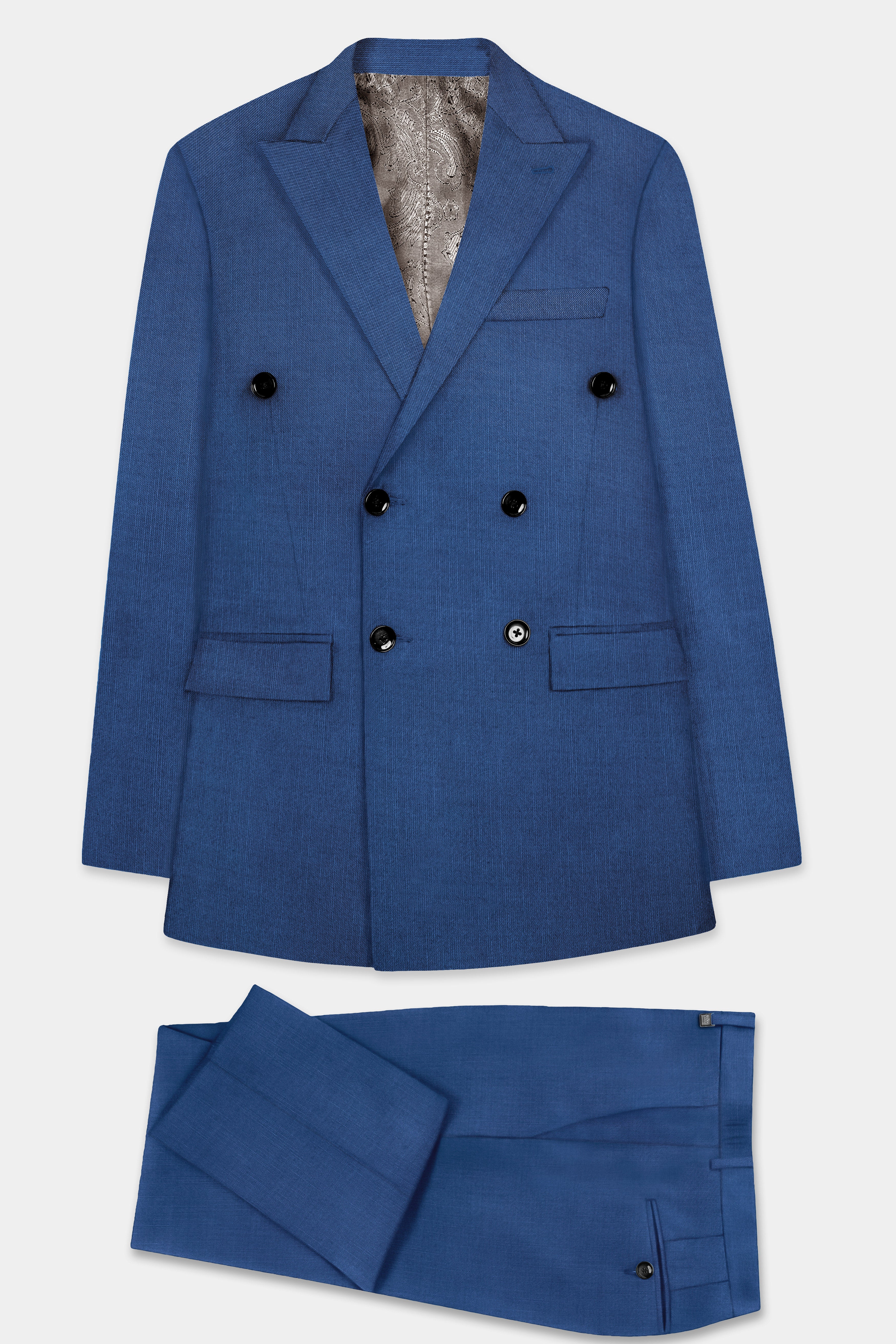 Marinoir-Cello Blue Solid Wool Rich Double Breasted Slight Stretch Suit