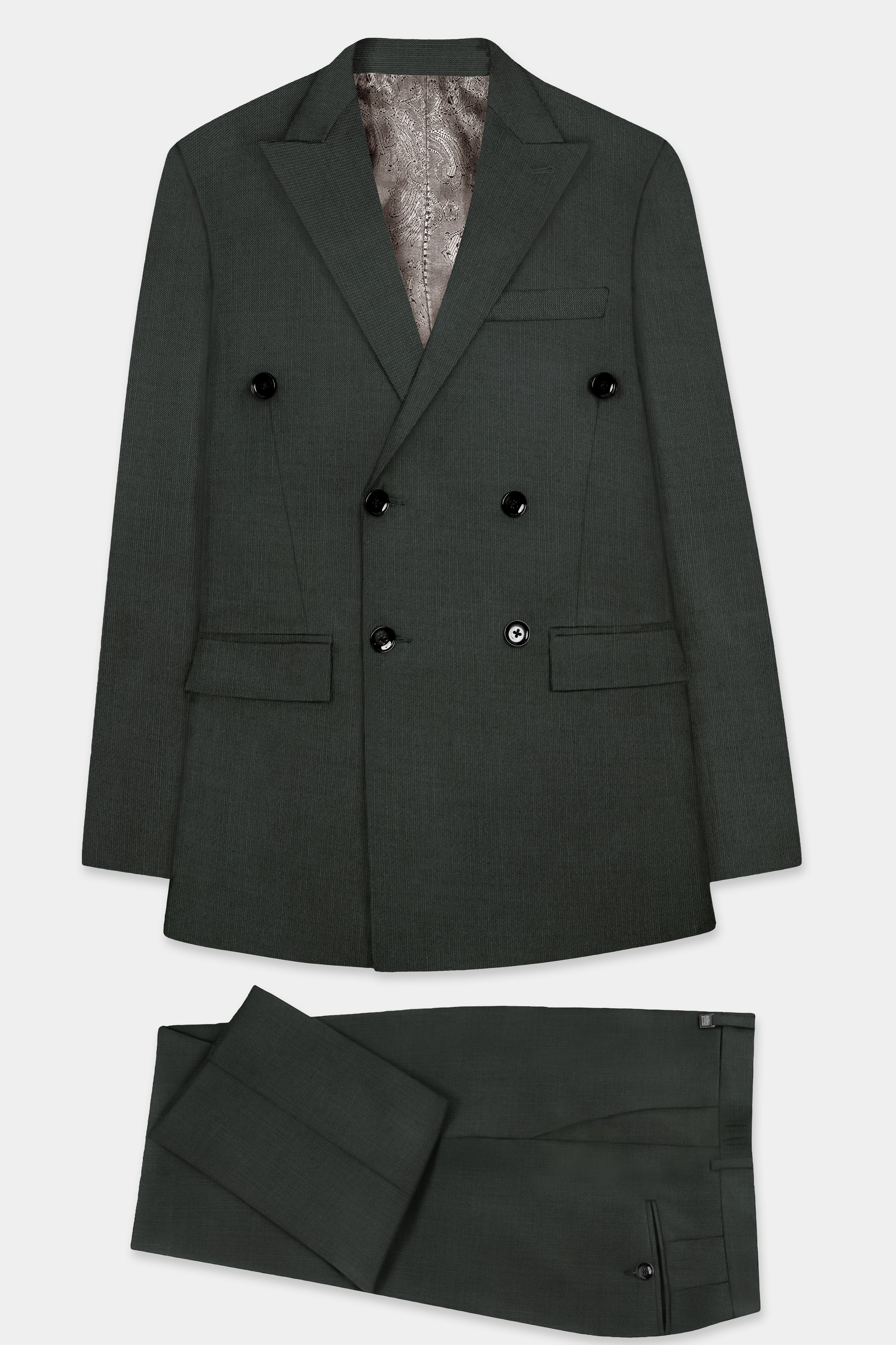 Shafton-Mine Shaft Green Solid Wool Rich Double Breasted Stretchable traveler Suit