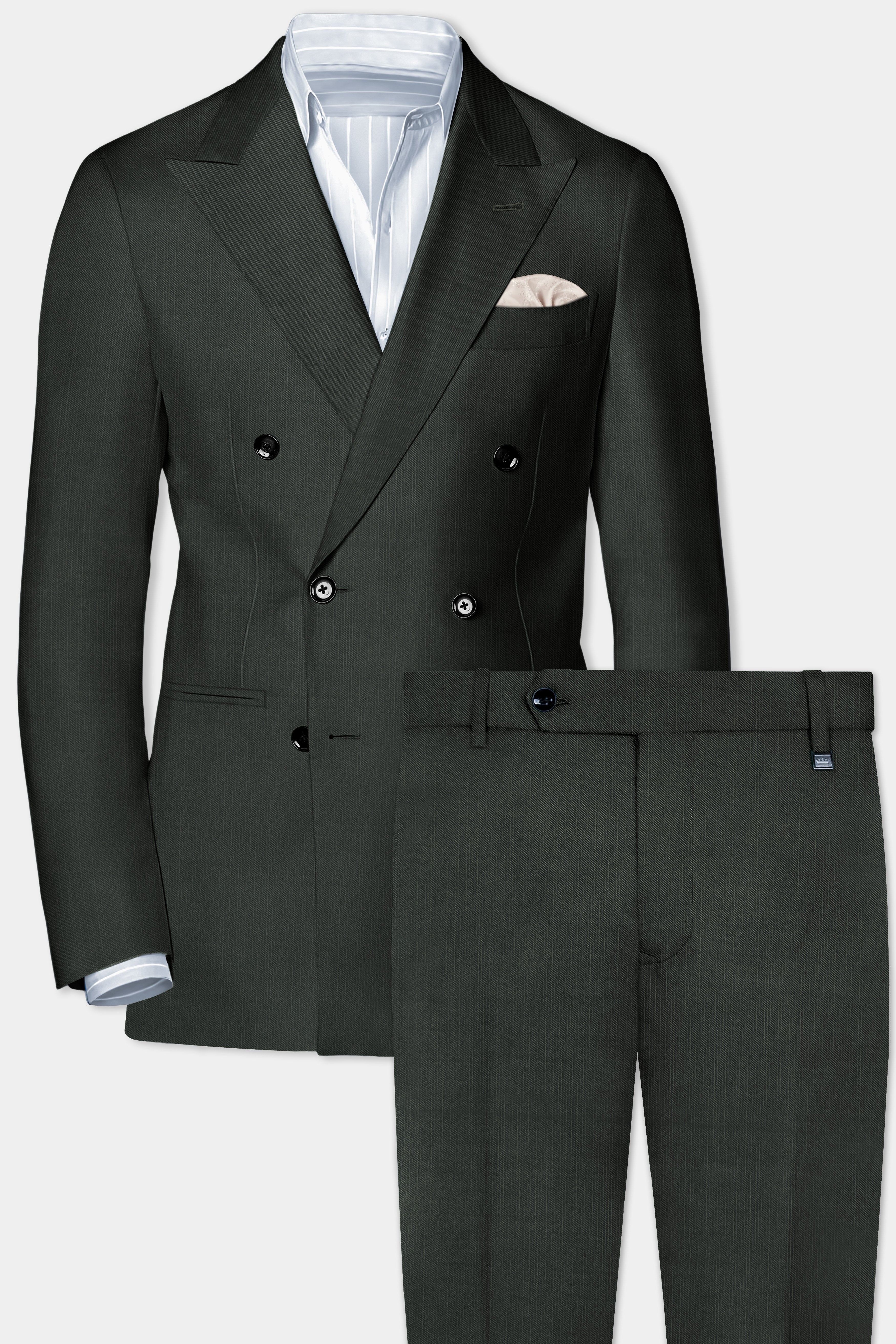 Shafton-Mine Shaft Green Solid Wool Rich Double Breasted Stretchable traveler Suit