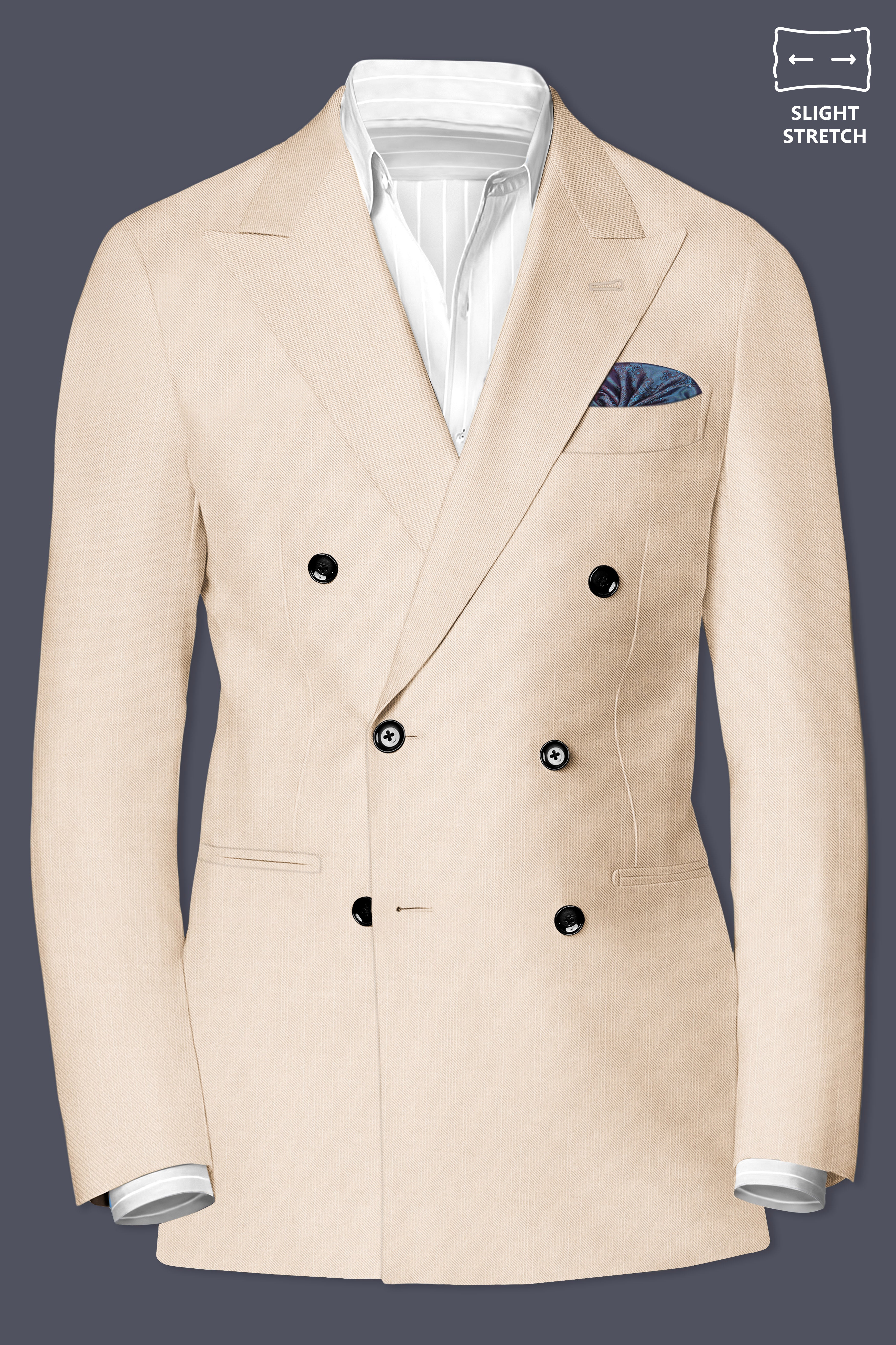 Biscotti-Parchment Cream Solid Wool Rich Double Breasted Slight Stretch Suit